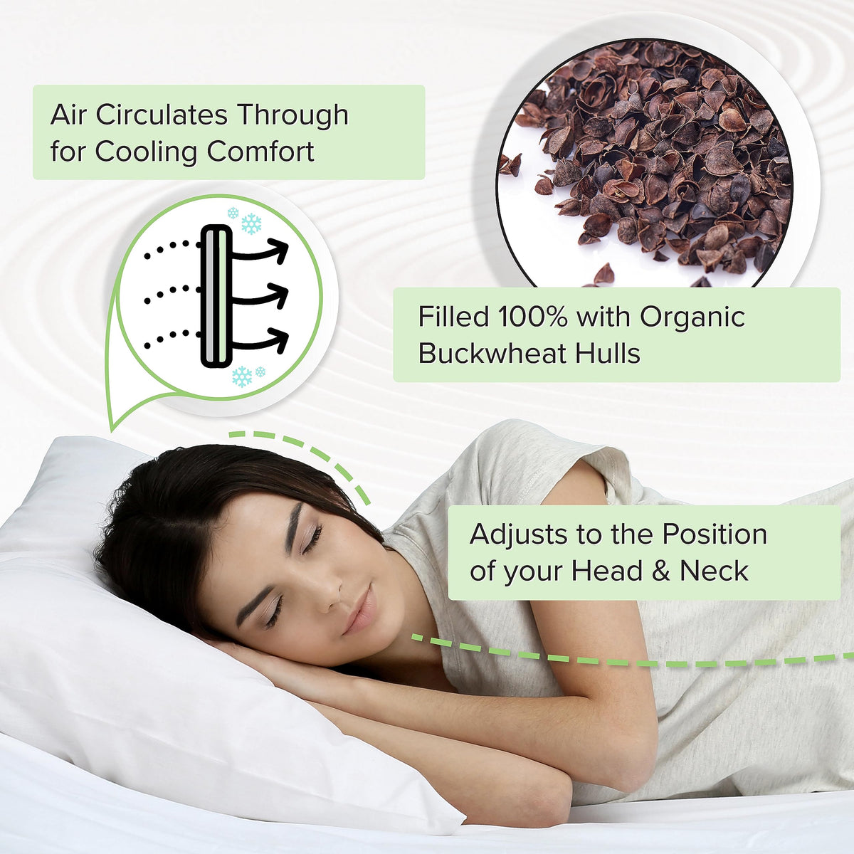 Buckwheat Pillow - Organic Twin Size (20"X26") w Natural Cooling Technology- All Cotton Cover - Keep Cool Effect Comfortable Sleep, Adjusts to Contours of Neck & Head