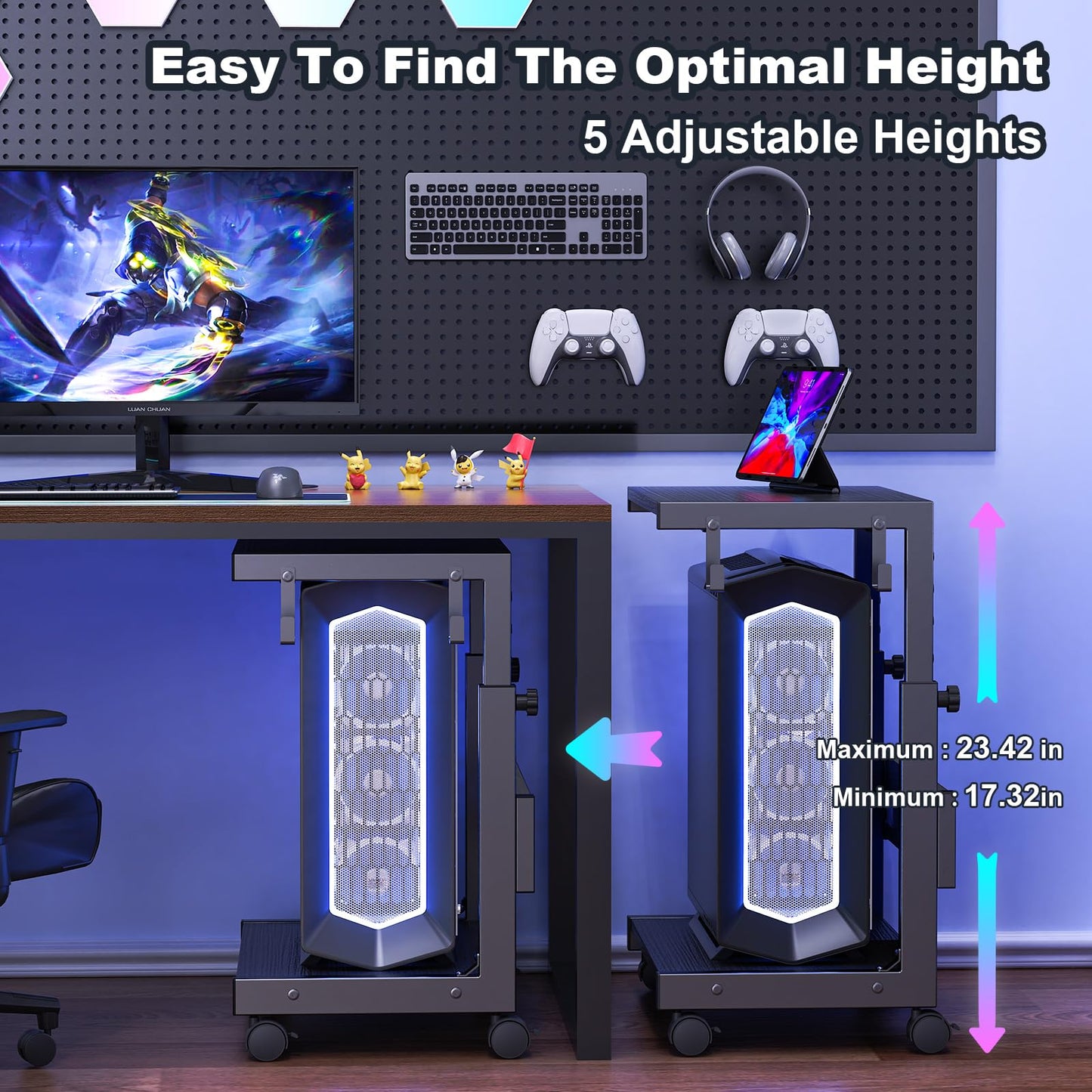 Hovadova Computer Tower Stand with Charge Station and USB Charging Port - Height Adjustable PC Tower Stand, Under Desk CPU Holder Cart with Locking Caster Wheels for Fits Most PC