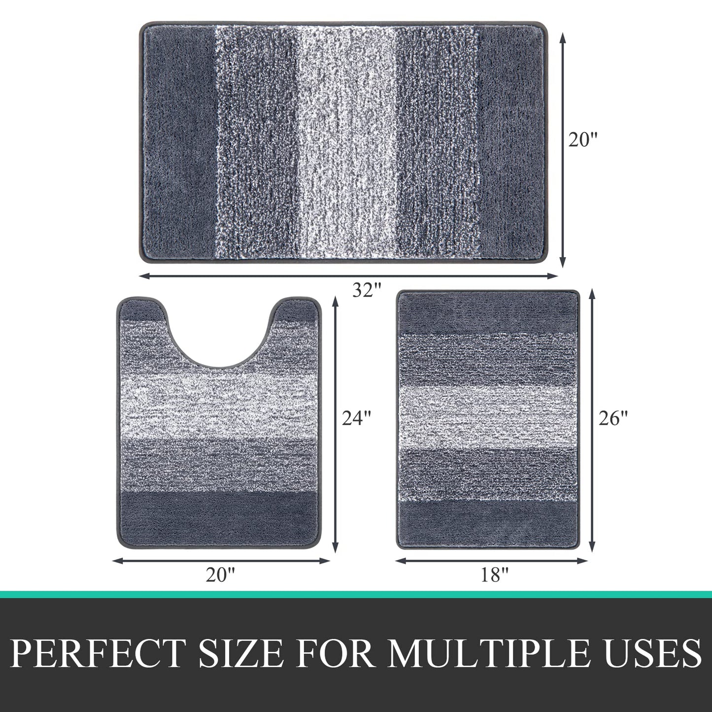 Pauwer Bathroom Rugs Set 3 Piece Microfiber Bath Mats for Bathroom Non Slip Bath Floor Mats with U-Shaped Contour Mat Toilet Rug Absorbent Shower Mats Washable Shaggy Rugs for Bathroom