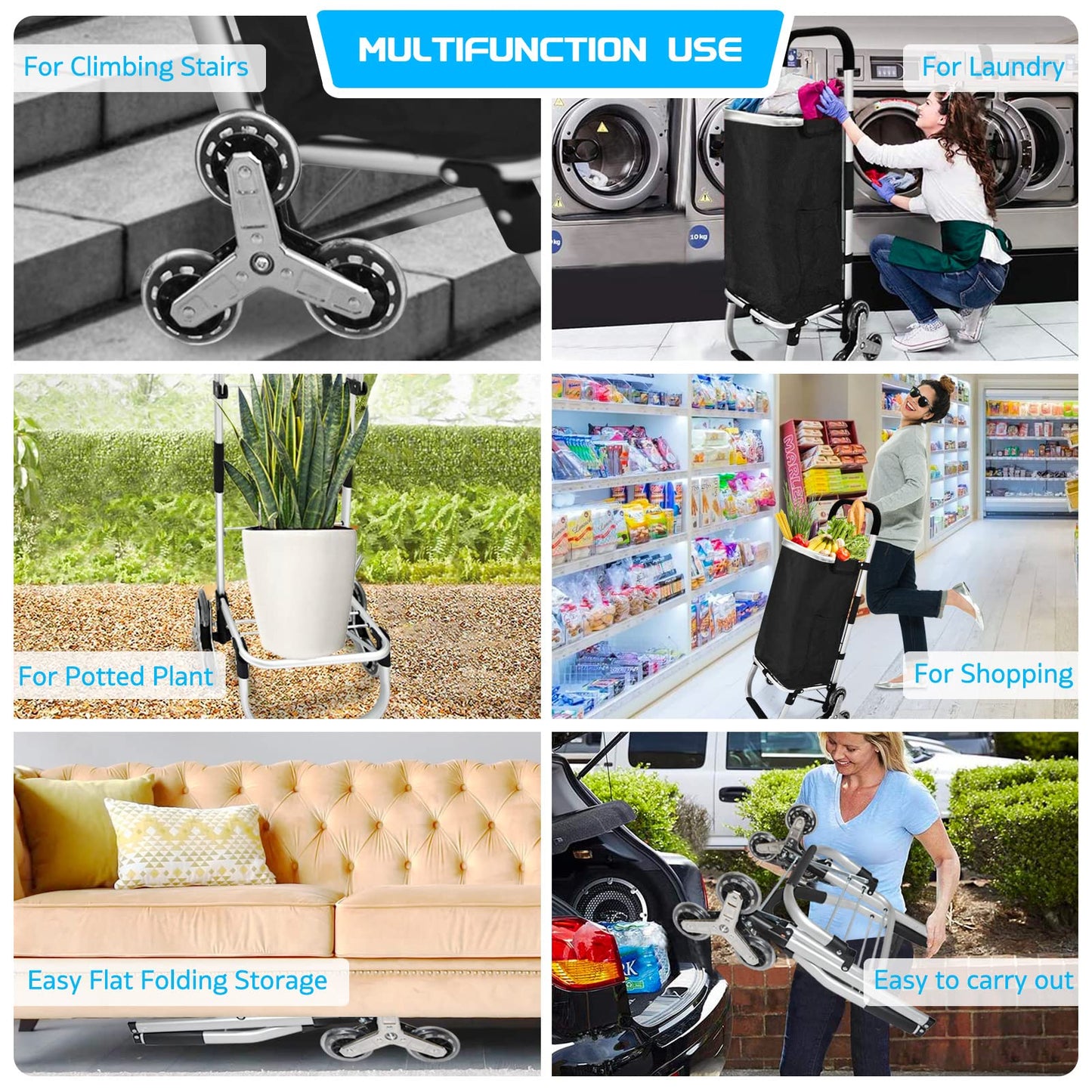 Folding Shopping Trolley Grocery Cart with Removable Waterproof Canvas Bag and Stair Climbing Wheels Super Loading Portable Utility Cart