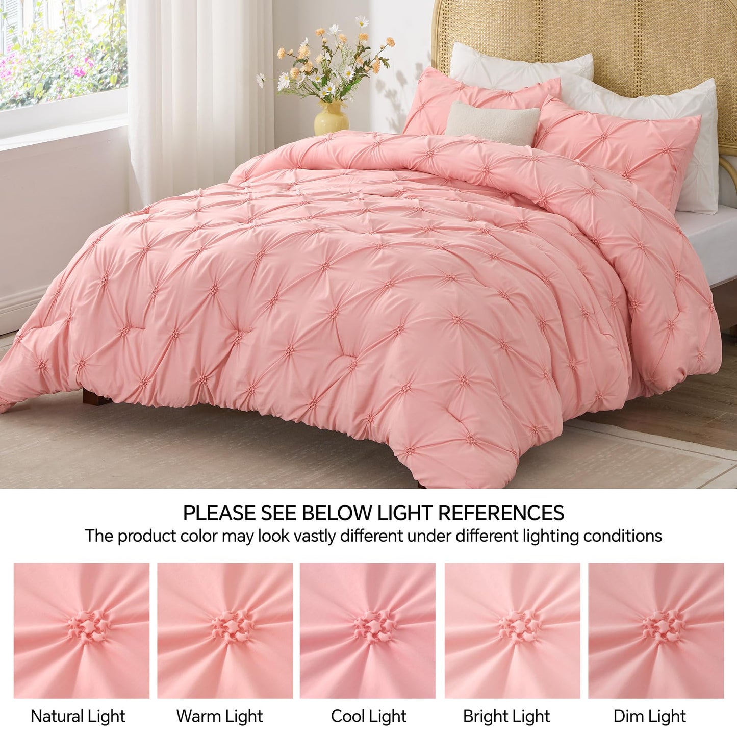 BEDELITE Queen Comforter Set Pink - 3 Pieces Boho Pintuck Bedding Sets, Queen Size Bed Set with 2 Pillow Shams for All Seasons, Room Decor Valentine's Gift,Lightweight Soft and Warm