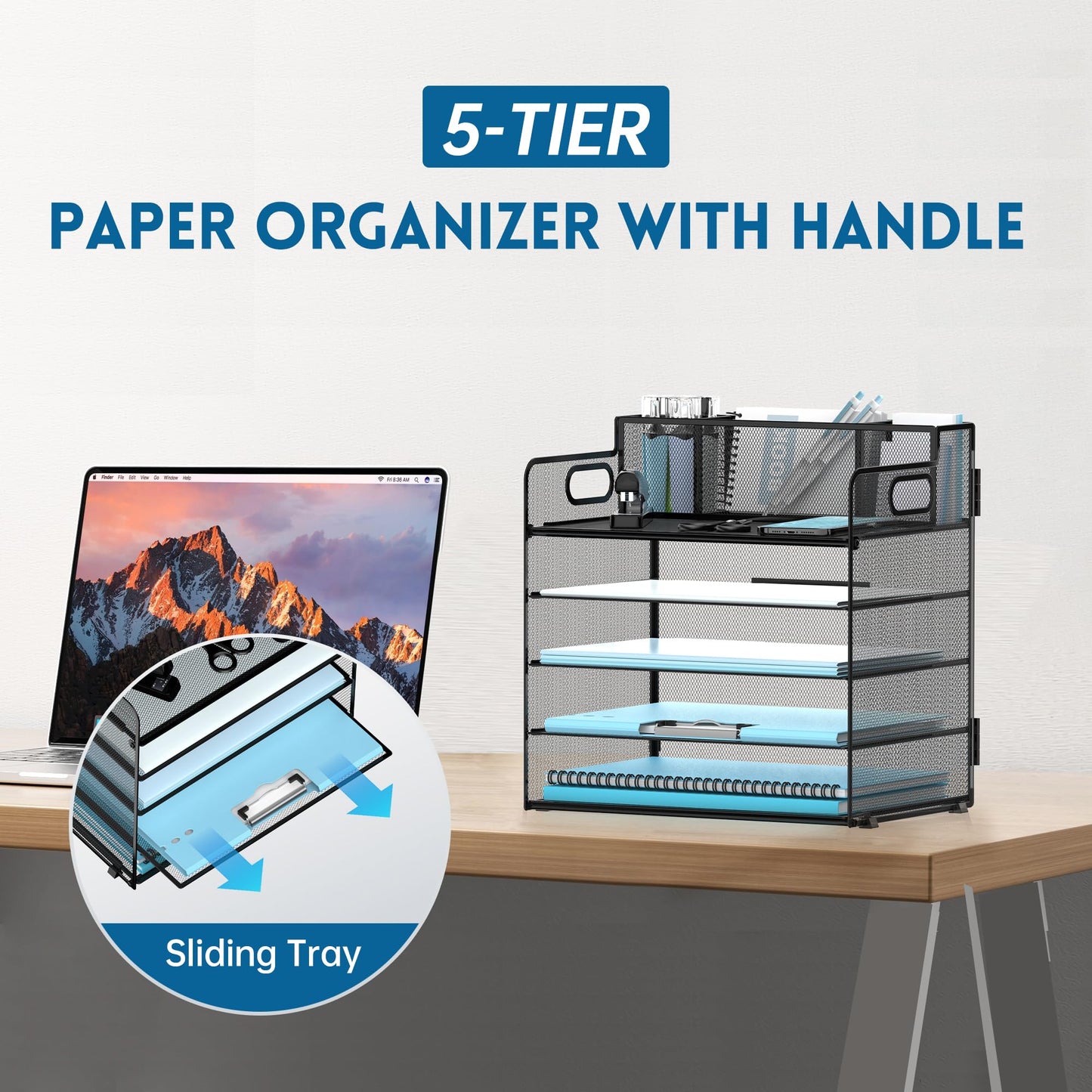 JMHUD 5-Tier Paper Organizer Letter Tray with Pen Holder, Mesh Desk File Organizer with Handle, File Storage for Office, Home or School, Black