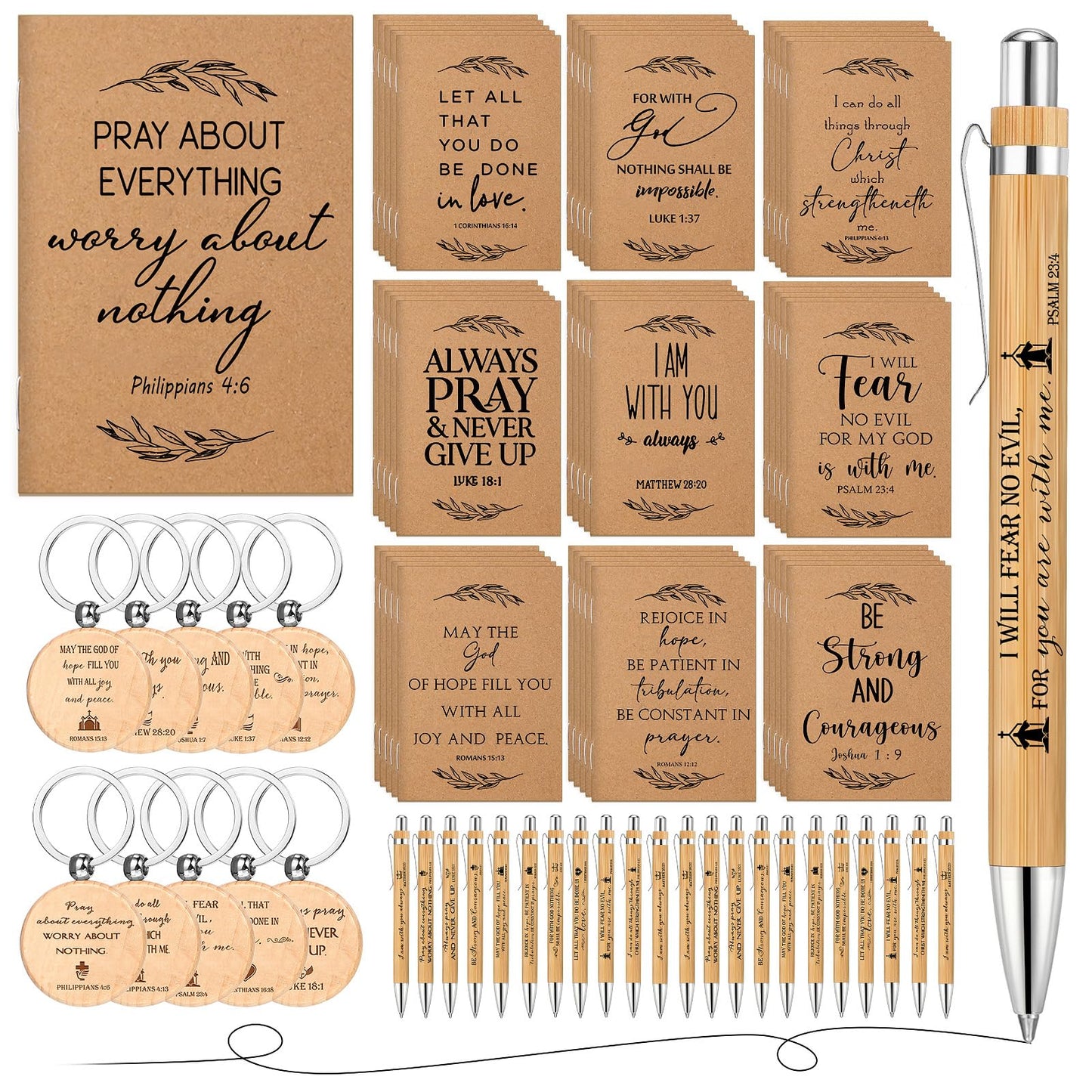 Seajan 80 Sets Christian Gifts Bulk Bible Verse Notebooks Pens with Wooden Keychains Appreciation Gifts for Halloween Pastor Church Office Employee Coworker