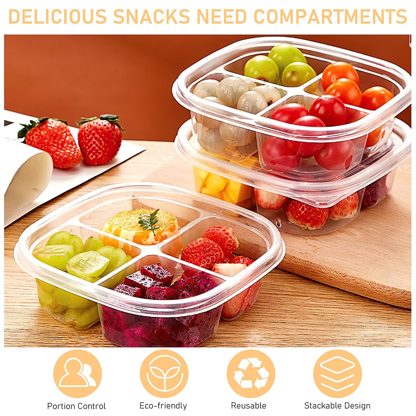 50 Pack Reusable Lunchable Containers with Lids, 4 Compartment Snack Containers Clear Plastic Snack Pack Container for Kids Adults Meal Prep, Food, Snacks, Lunch, Grab and Go