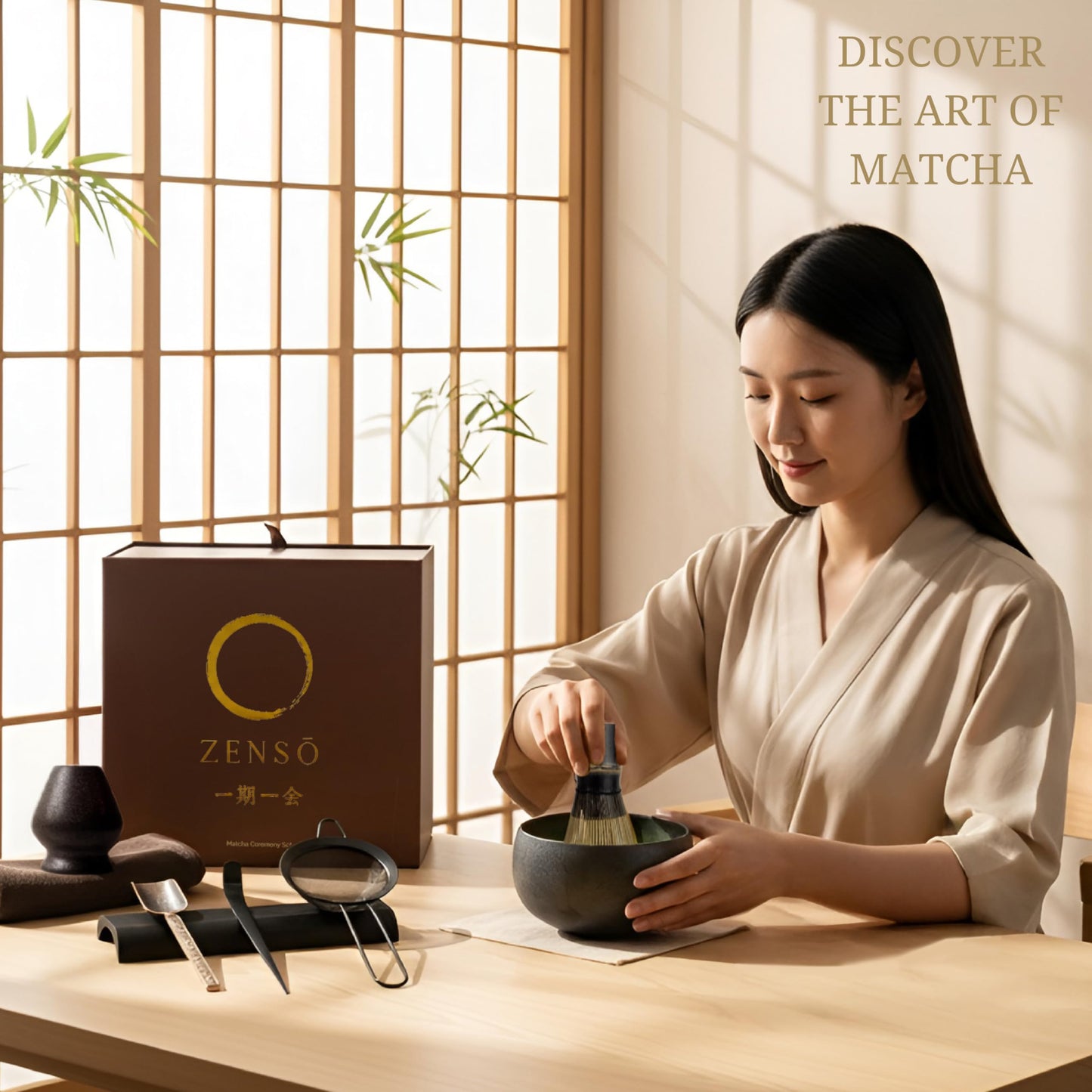 ZENSO Premium Matcha Whisk Set – 8 Piece Japanese Matcha Tea Ceremony Kit | Matcha Bowl, Purple Bamboo Whisk, Whisk Holder, Sifter, Scoop & Scoop Holder, Cloth, Spoon - Dark Gray