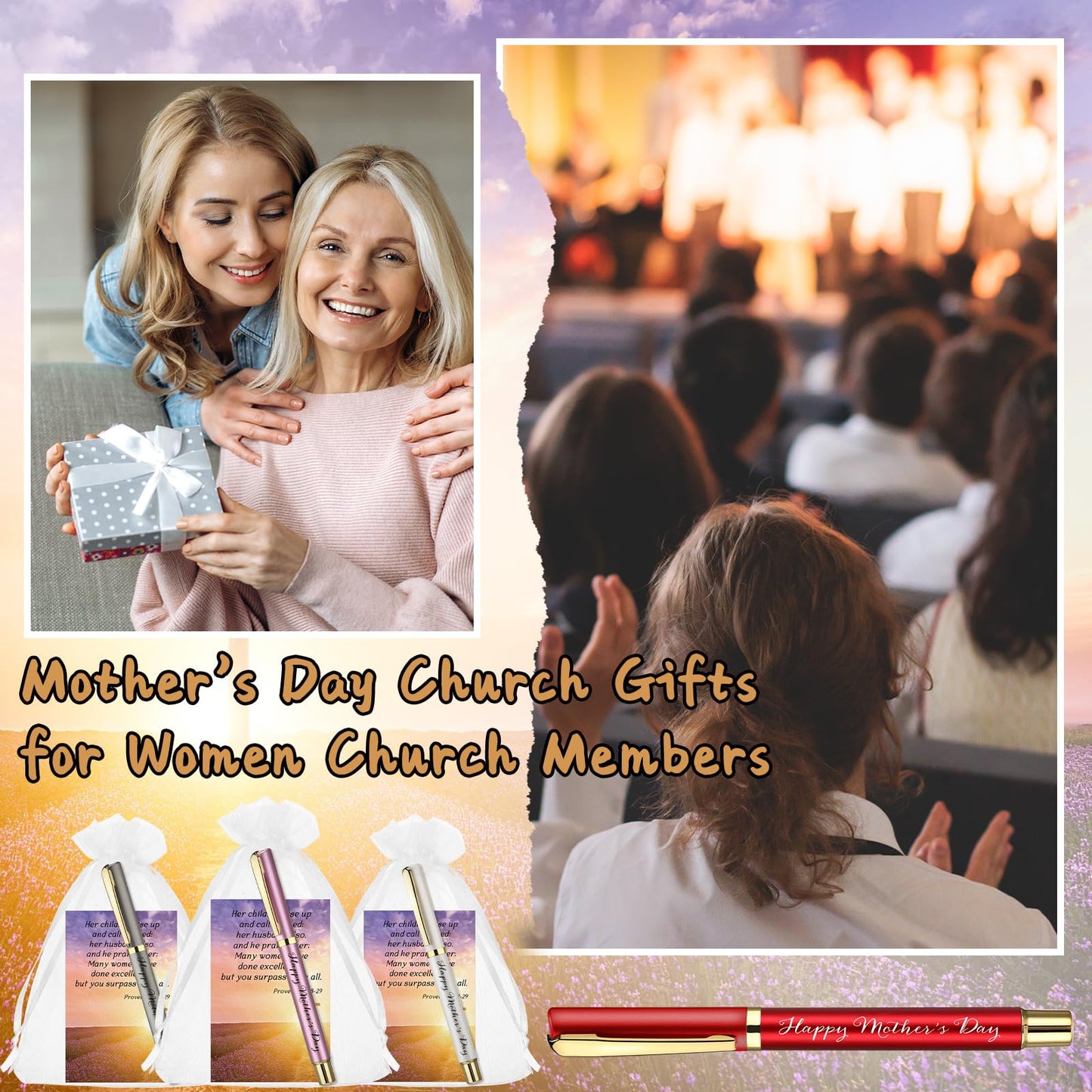 Tellingyou 75 Sets Mother's Day Church Gifts Bulk Included Happy Mother's Day Pens Inspirational Religious Cards Bible Verse Cards and Organza Bags for Women Church Members Christian Gift, 5 Colors