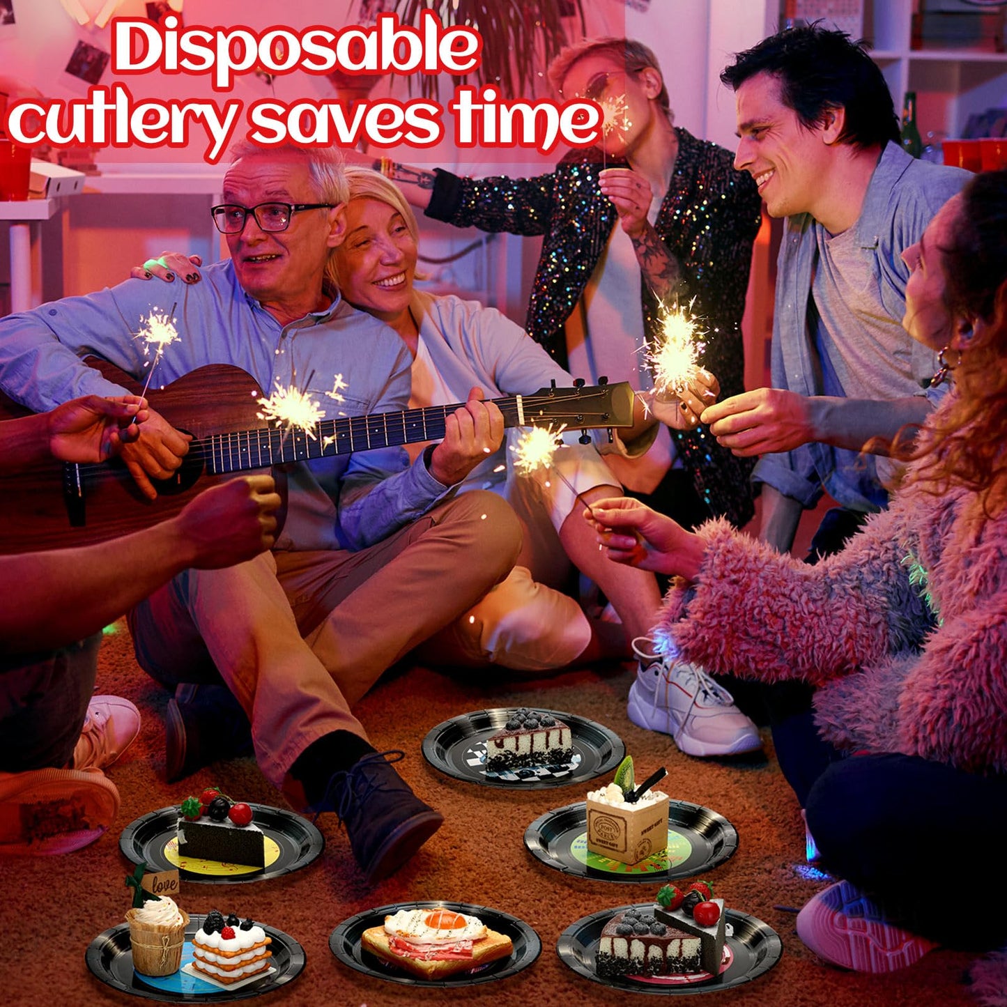 FillTouch 60 Pcs 9 Inch Paper Plates Party Decorations Plates Disposable Plates Set Tableware for Birthday Anniversary Supplies Dessert Favor (1950's Rock Record)