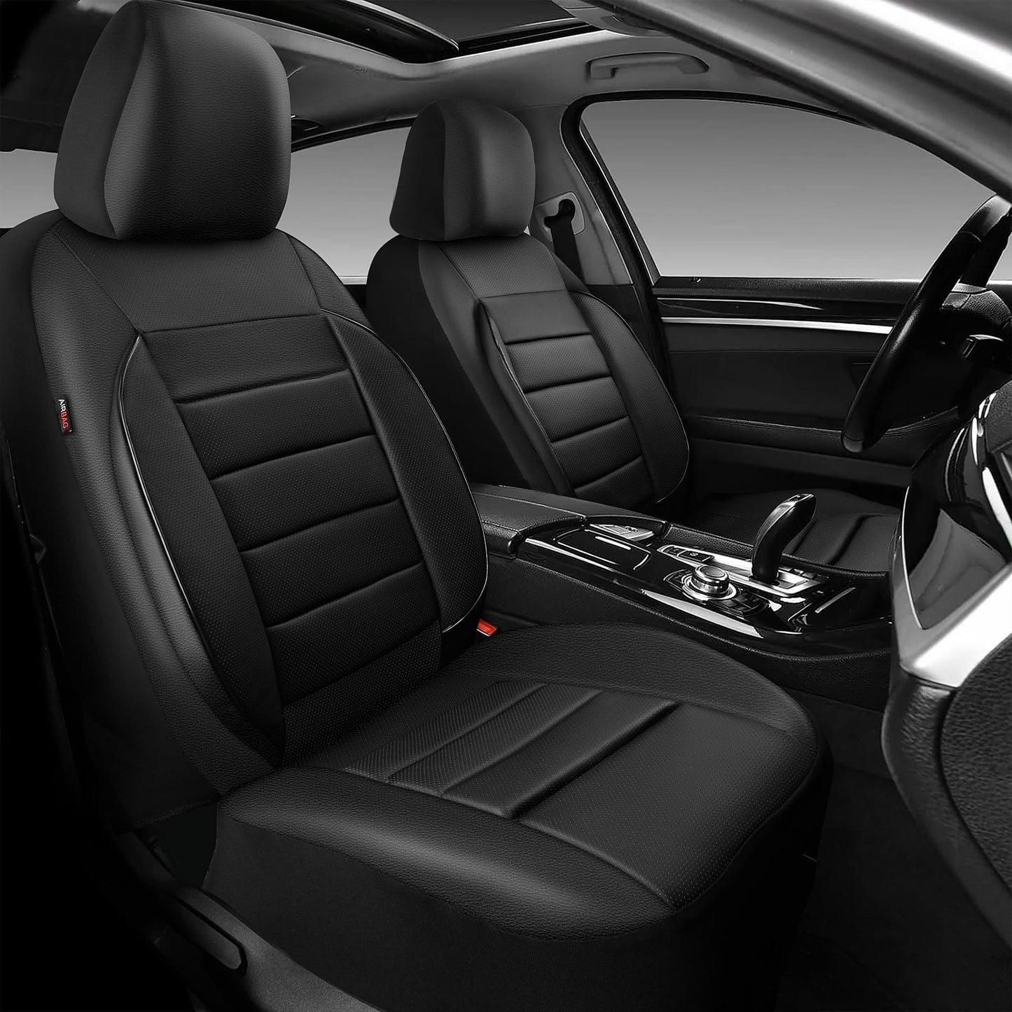 CAR PASS Faux Leather Car Seat Covers Front Seats Only, 3D Foam Support Car Seat Covers, Universal fit for Trucks Vans SUVs Sedans Automotive Comfortable, Airbag Compatible 2 Pieces Front Solid Black