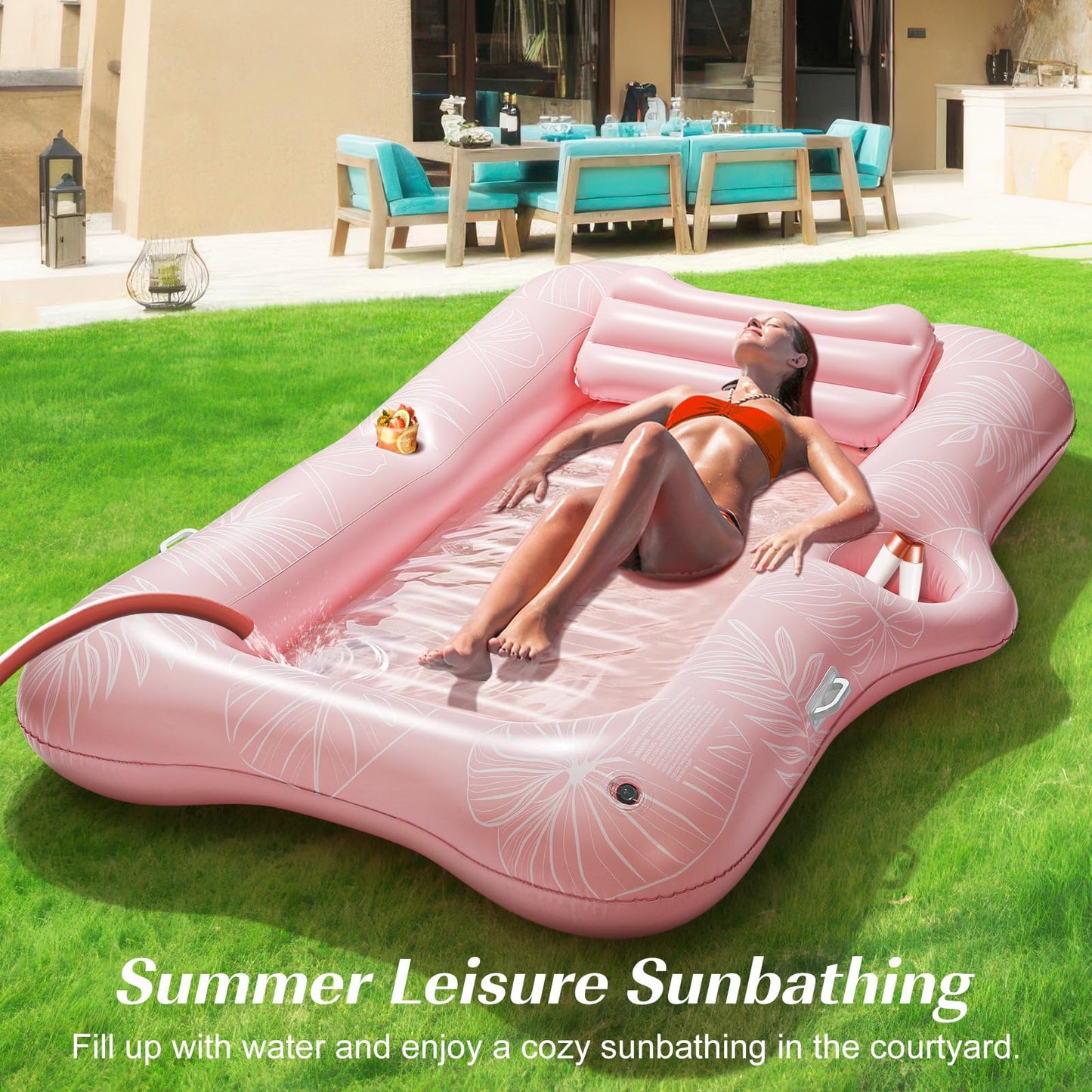 HeySplash Inflatable Pool Float Lounge, Large Inflatable Pool Floats Boat for Adults with Cup Holder & Detachable Pillow, Tanning Pool Lounger Float for Outdoor Lake River Summer Water Party,Pink Leaf