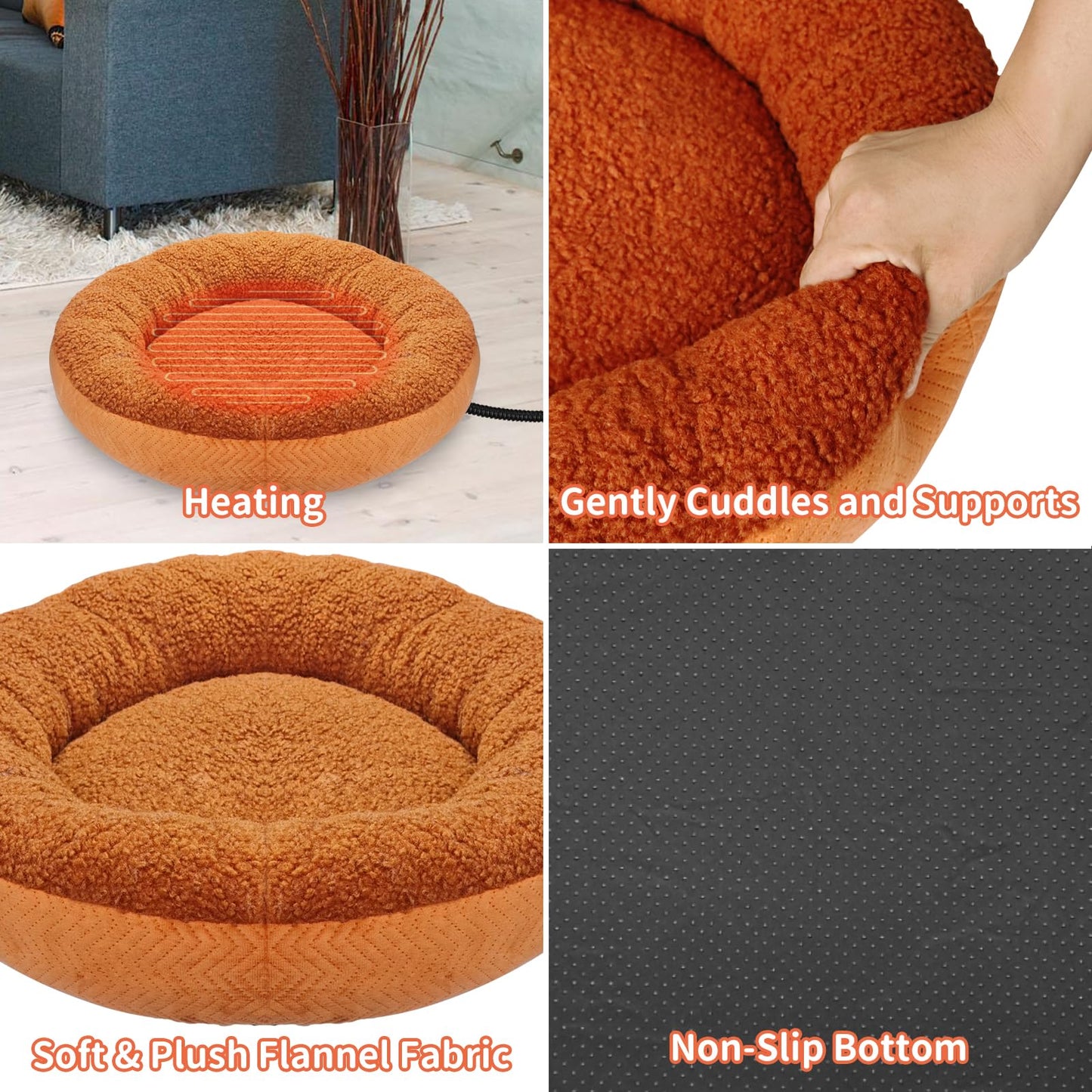AUPETEK Heated Cat Beds for Indoor Cats Round Warming Cat Beds Super Soft Machine Washable Thermo Kitty Electric Heating Bed （Brown 20 Inches Round）