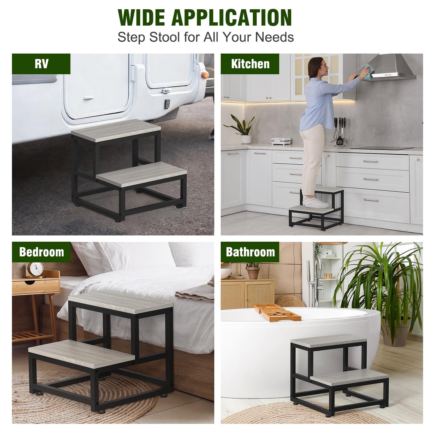 LIANTRAL 2 Step Stool for Adults Kids, Heavy Duty Wooden Stepping Stools, Bedside Foot Stool with 500lbs Load Capacity, Non-Slip Step Stool for High Bed, Kitchen, RV - Grey
