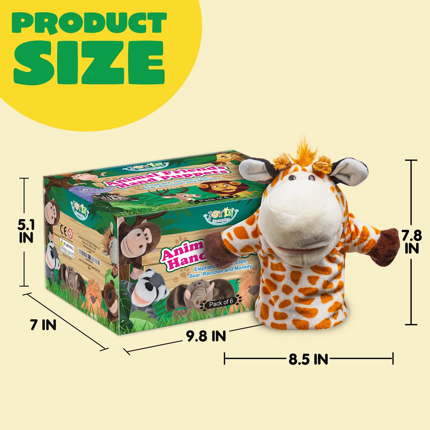 JOYIN 6Pcs Kids Hand Puppet Set with Working Mouth, Toddler Animal Plush Toy Includes Elephant, Giraffe, Lion, Bear, Raccoon and Monkey for Show Theater, Birthday Gifts, Easter Basket Stuffers