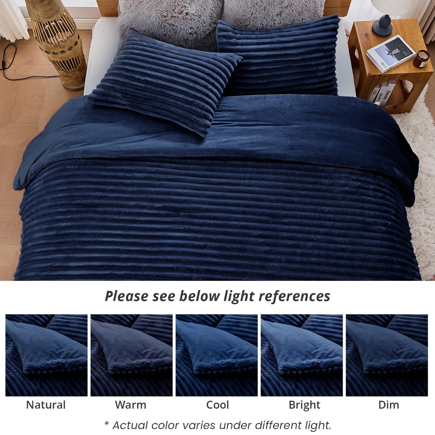 Sasttie Fluffy Comforter Set Queen 3 Pieces - Super Soft & Fuzzy Navy Blue Comforter Set for Winter Warm Fleece Bedding, 1 Luxury Heavy Faux Fur Down Alternative Comforter with 2 Pillow Cases