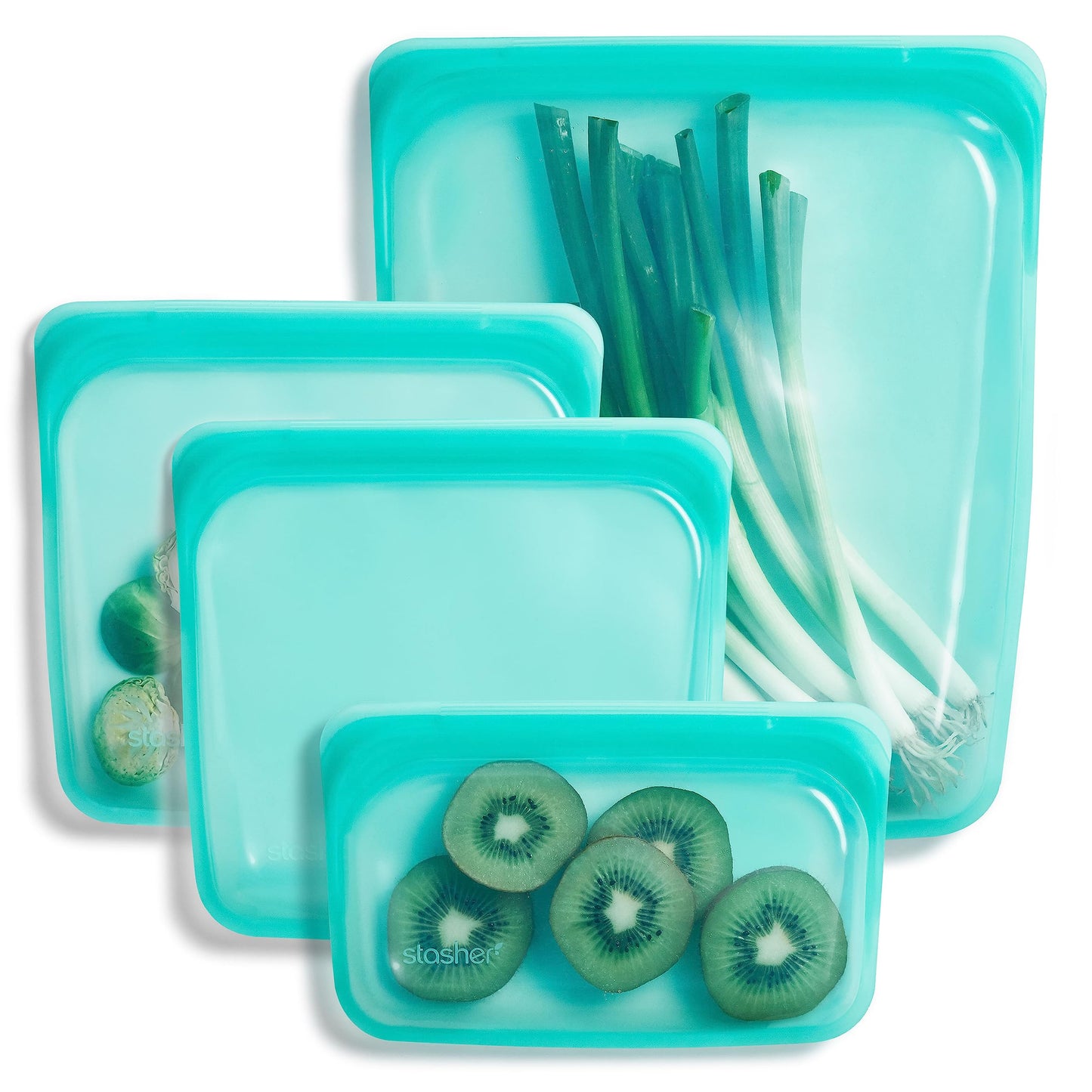 Stasher Premium Silicone Reusable Food Storage Bags, 4-Pack, Aqua, Multi-Use Food Storage Bags, Lunch Bag, Travel Containers, BPA Free, Leak-free, Dishwasher-Safe, Eco-friendly