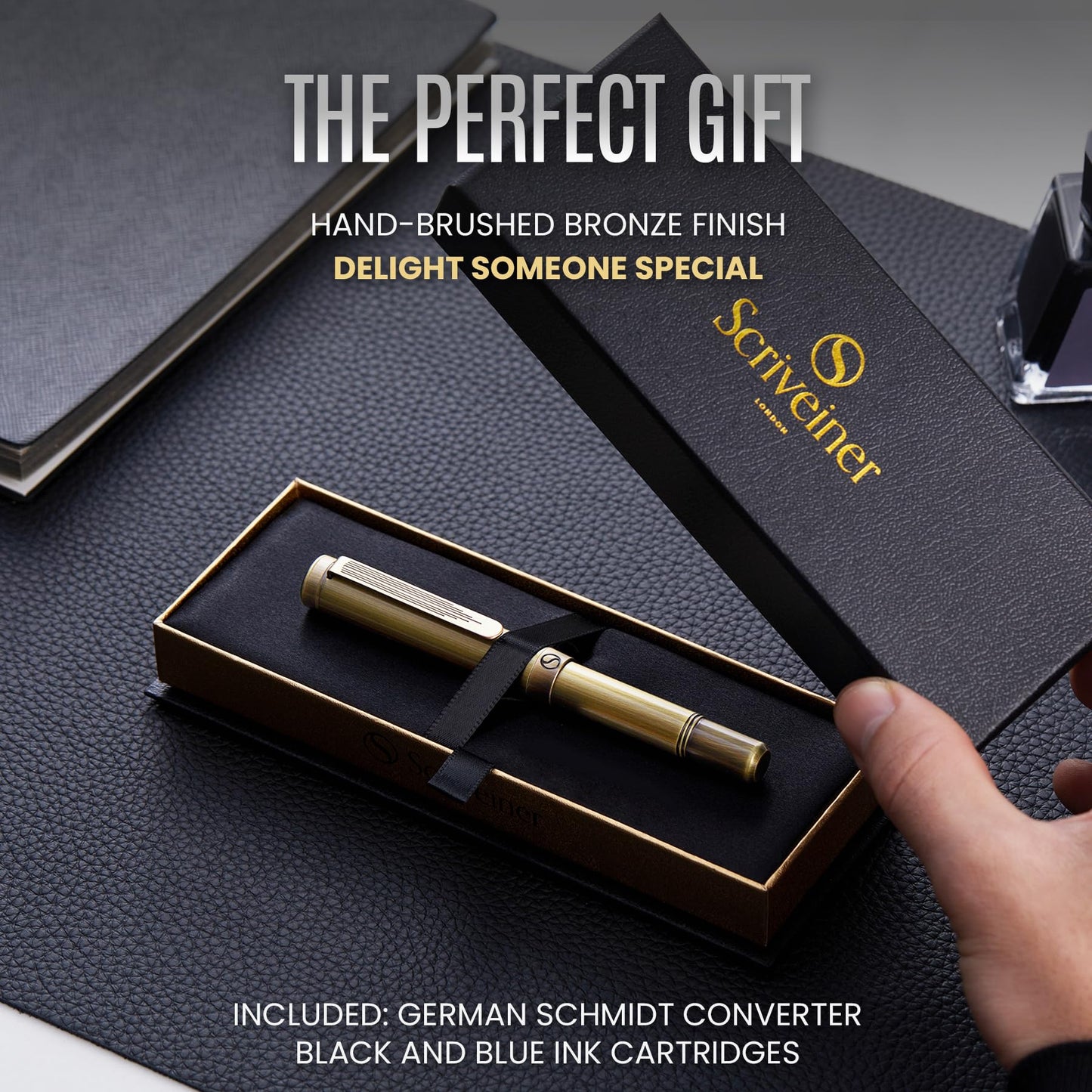 Scriveiner Luxury EDC Fountain Pen (Medium), Stunning Heavy Brass Pocket Pen, Hand Brushed Finish, Schmidt German Nib Converter, Best Writing Pen Gift Set for Men Women, Nice Fancy Designer Pen