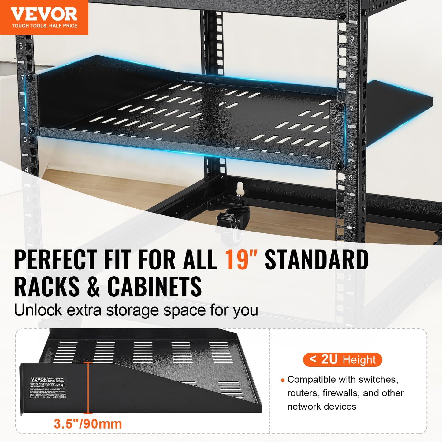 VEVOR 2U Server Rack Shelf, Universal Vented Rack Mount Cantilever Tray for 19 inch Network Equipment Rack & Cabinet, 16" Deep Rack Mount Shelf, Weight Capacity 50 lbs Wall Mount Rack Shelf