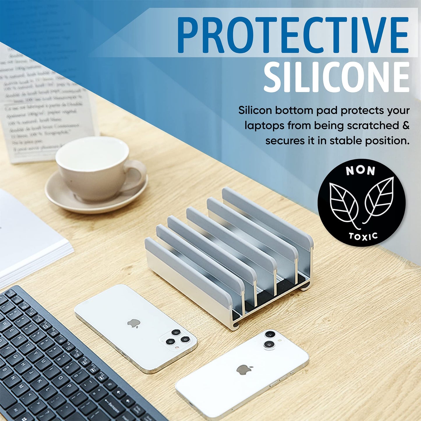 Elestoria Vertical Laptop Stand - Fits 5 Devices, Modern Design, Tool Free Adjustment, Protective & Stable (Silver)