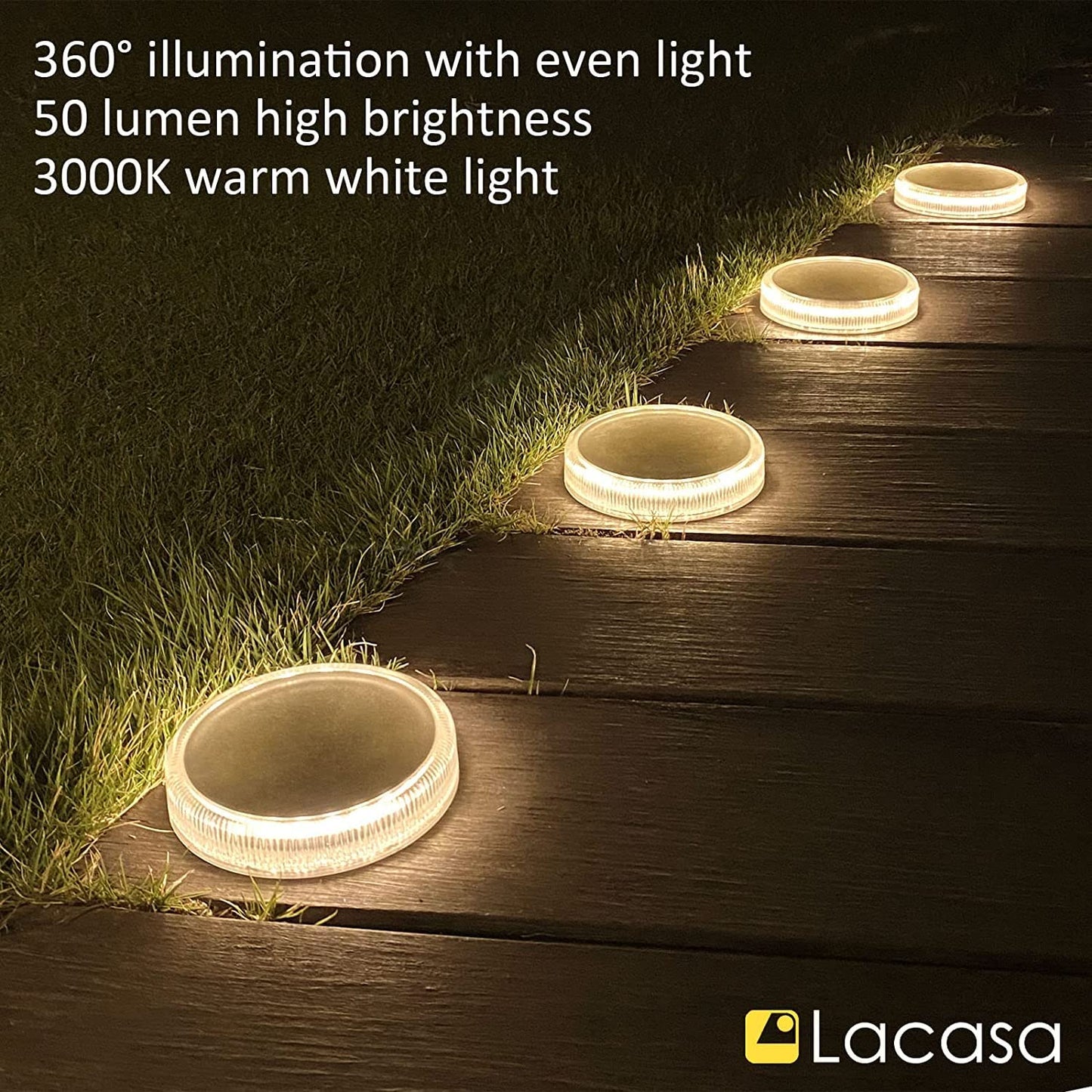 Lacasa Solar Deck Lights, 4 Pack Solar Powered Step Lights LED Dock Driveway Walkway Lights, IP68 Waterproof Auto ON/Off Solar Outdoor Landscape Lighting for Garden Stairs Pathway, Warm White 3000K