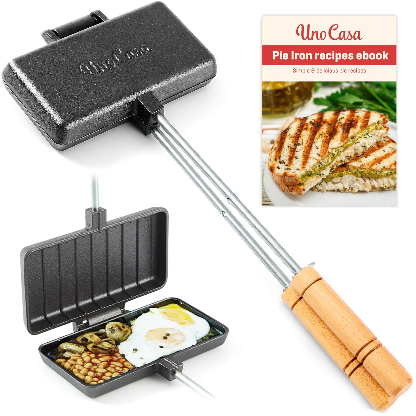 Uno Casa Cast Iron Pie Iron - Campfire Pie Iron Sandwich Maker with Detachable/Extendable Handles, Camping Mountain Pie Iron - Pre-Seasoned Cast Iron Camp Cooker