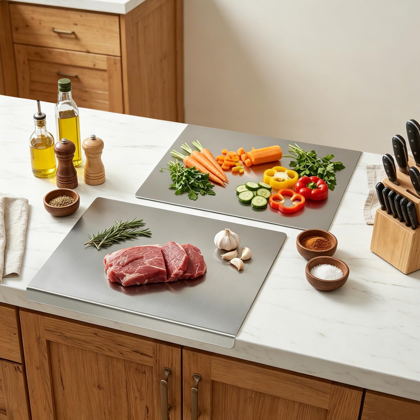 2-Piece Stainless Steel Cutting Board with Lip, 16" x 12" Kitchen Chopping Boards for Countertop, Double-Sided Food-Grade Metal Cutting Board, L-Shaped Edge Chopping Mats for Kitchen Prep & Baking