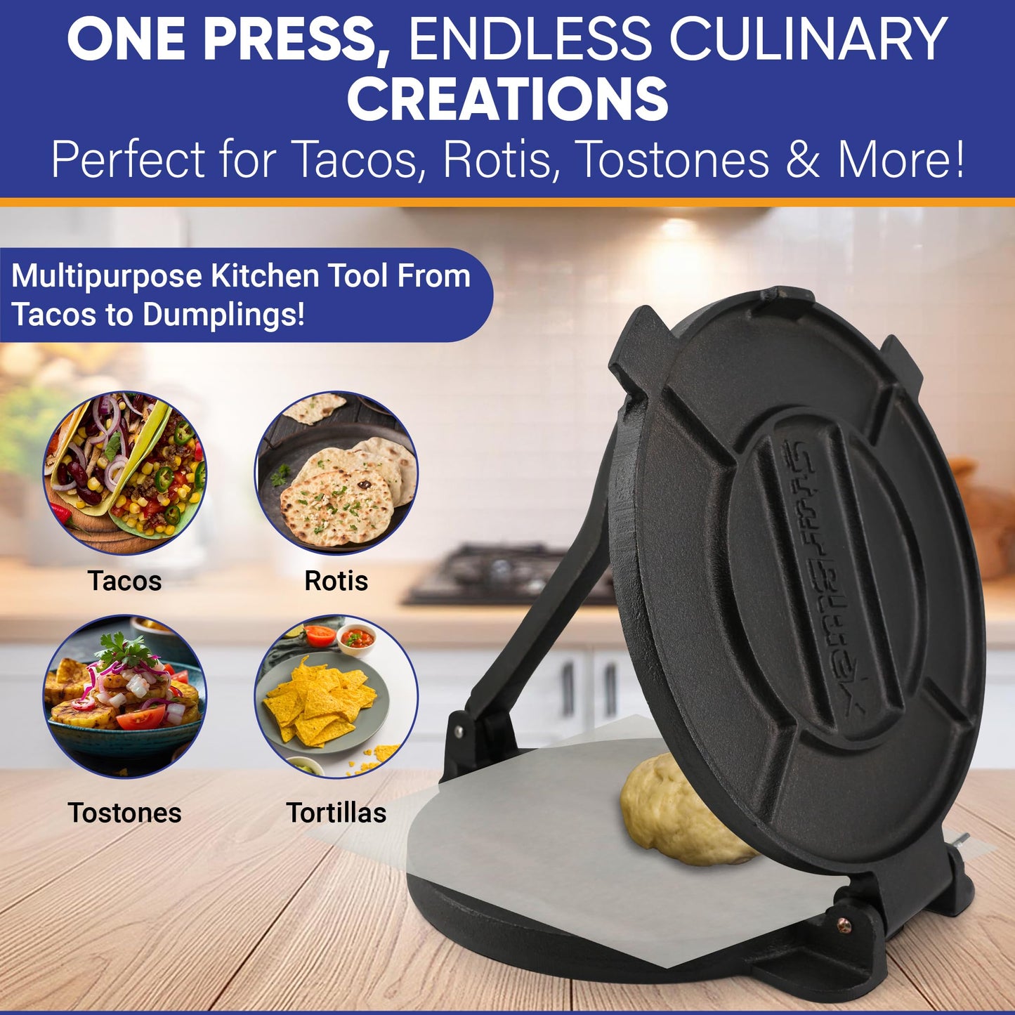 10 Inch Cast Iron Tortilla Press by StarBlue with FREE 100 Pieces Oil Paper and Recipes e-book - Tool to make Indian style Chapati, Tortilla, Roti