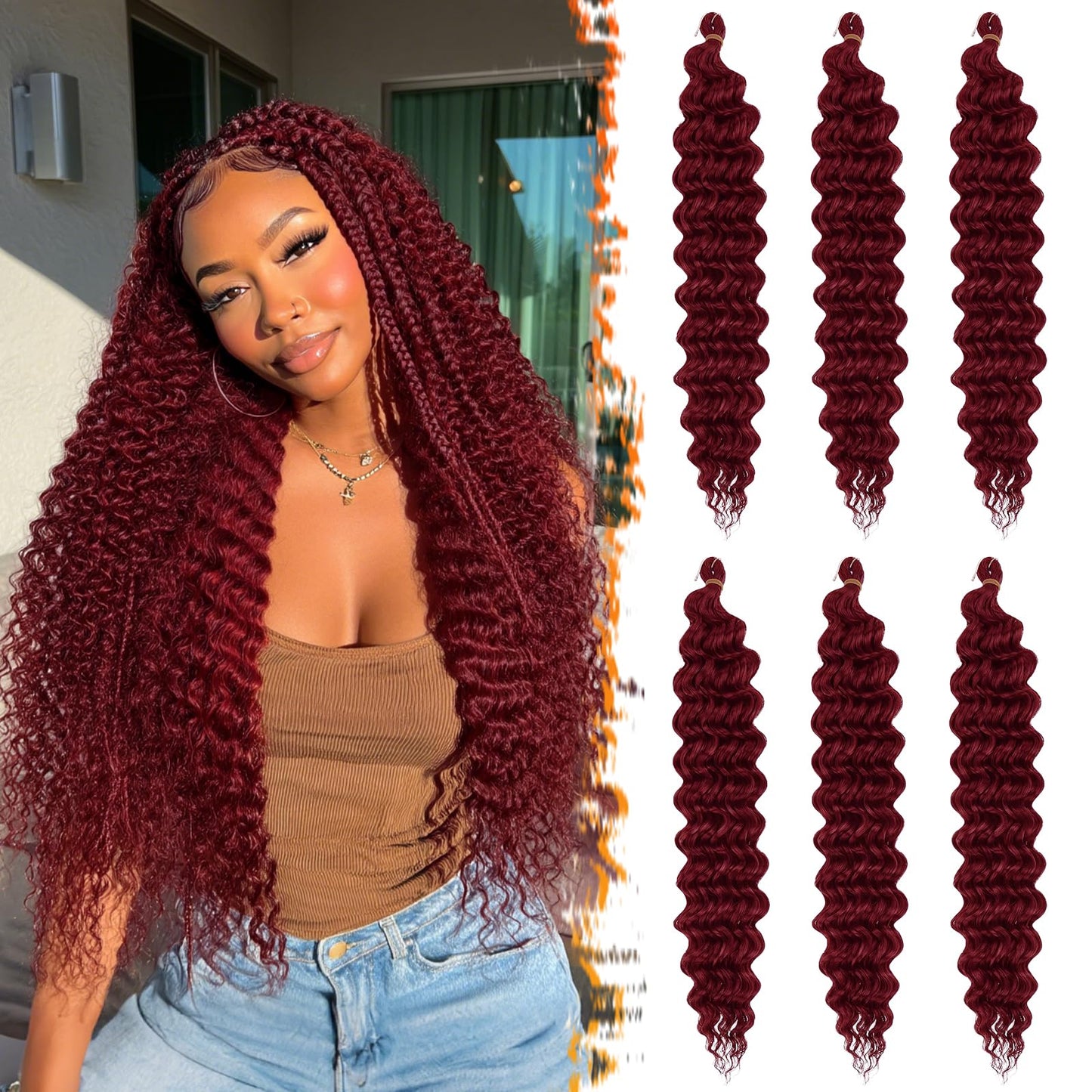 BARSDAR Ocean Wave Crochet Braiding Hair - 22 Inch 6 Packs Deep Wave GoGo Curl Crochet Hair for Women - Soft Synthetic Boho Braids Water Wavy Long Curly Braiding Extensions - Burgundy Red