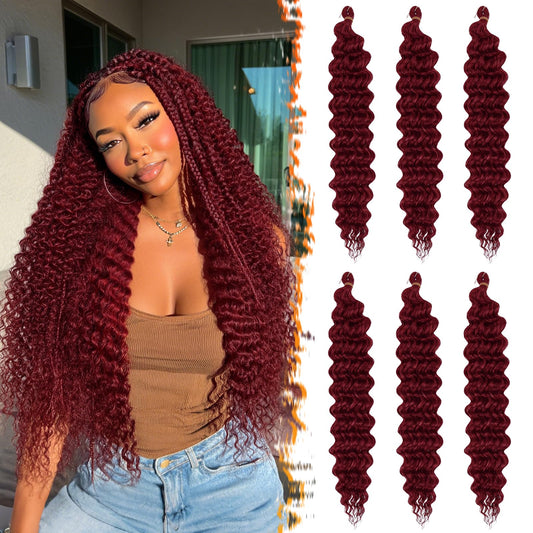BARSDAR Ocean Wave Crochet Braiding Hair - 22 Inch 6 Packs Deep Wave GoGo Curl Crochet Hair for Women - Soft Synthetic Boho Braids Water Wavy Long Curly Braiding Extensions - Burgundy Red