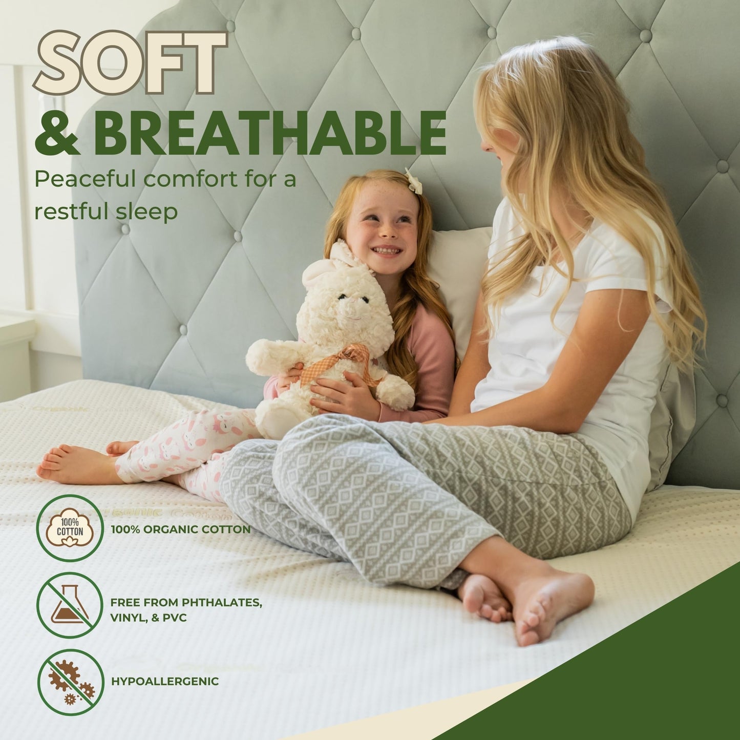 Twin Size 39x75” Premium Organic Cotton Waterproof Mattress Protector, 100% Cotton Top, Hypoallergenic, Cooling Mattress Pad Cover, Soft & Breathable Fitted Sheet Style up to 18" Deep - Rest Line