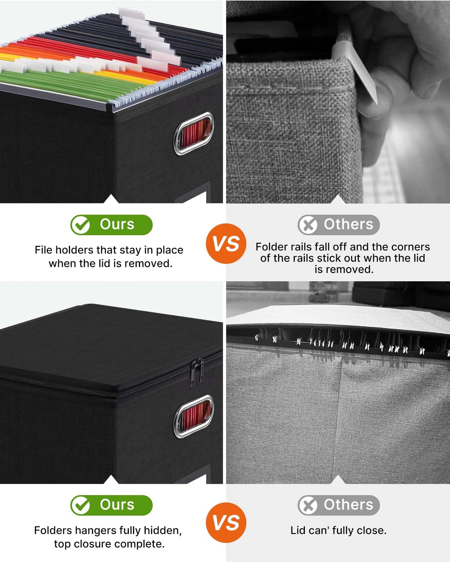 Oterri Zipper File Boxes with Lids, Legal/Letter Size Document Organizer with Mesh Pockets, Filing Box with Handle, Zippers Document Storage Box for Office/Home/School (2 Pcs, Large-Black)