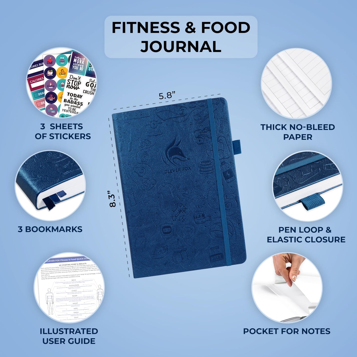 Clever Fox Fitness & Food Journal – Nutrition & Workout Planner for Women & Men – Diet & Gym Exercise Log Book with Calendars, Diet & Training Trackers - Undated, A5 Size, Hardcover (Mystic Blue)