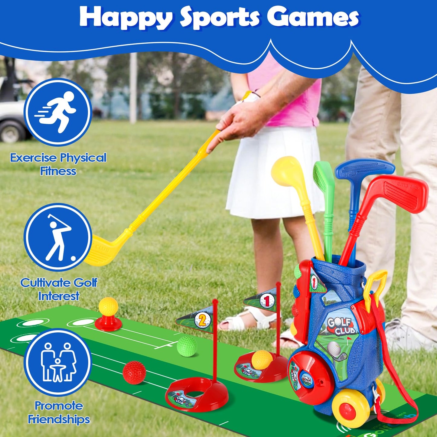 SUPER JOY Toddler Golf Set with Mat, Kids Golf Cart with 4 Clubs & 8 Balls, Indoor Outdoor Golf Toys for Boys Girls, Mini Golf Gifts for Baby 3-5 Years Old
