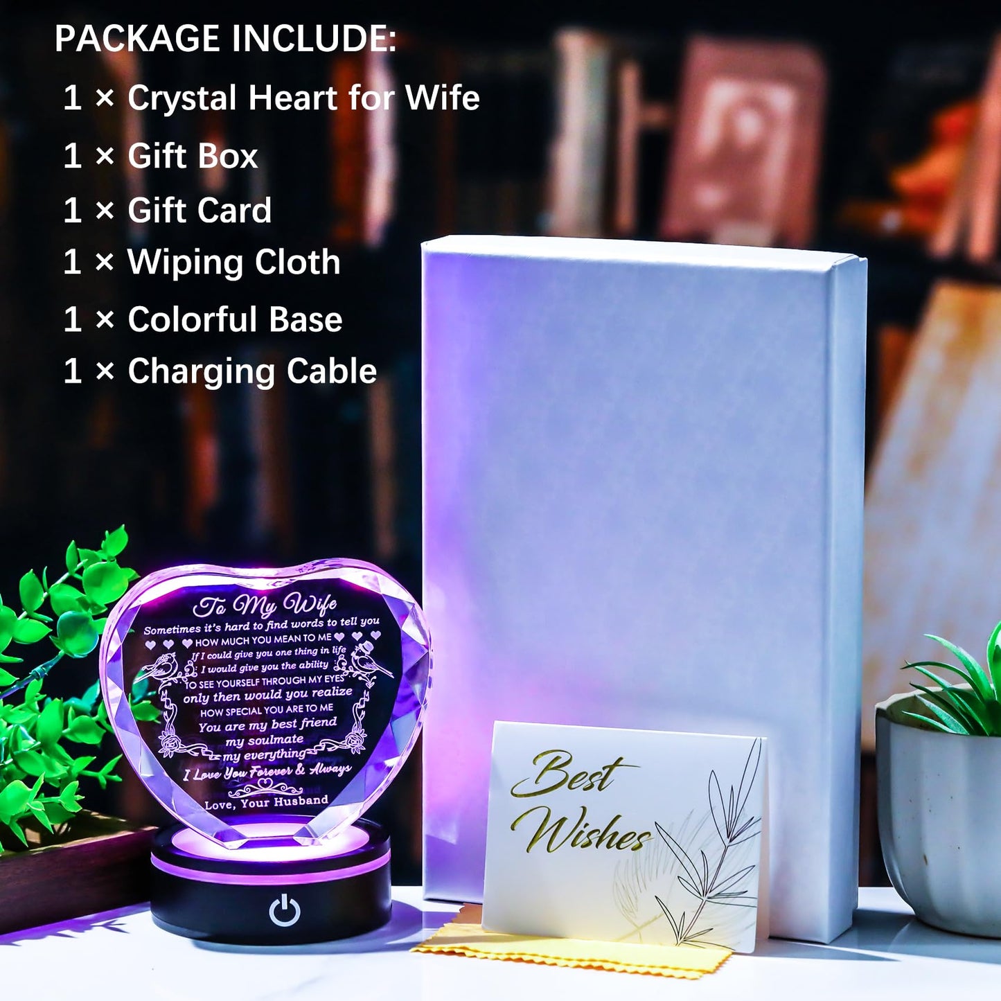 YWHL Gifts for Wife: Crystal Heart Keepsakes with LED Base - I Love You Gifts for Her from Husband
