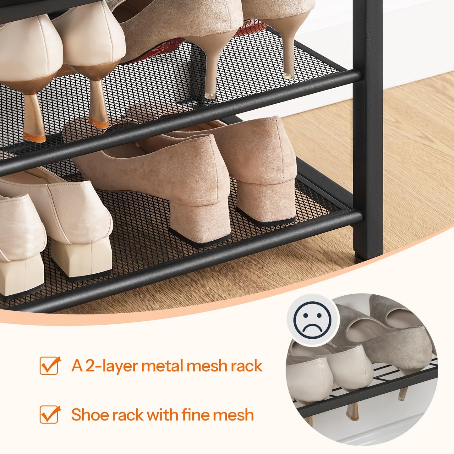 HOOBRO Small Shoe Bench, 3-Tier Shoe Rack, Shoe Storage Bench with PU Seat Cushion, Entryway Shoe Rack Bench with Metal Mesh Shelves, Freestanding Shoe Organizer for Hallway, Brown CB33HX01