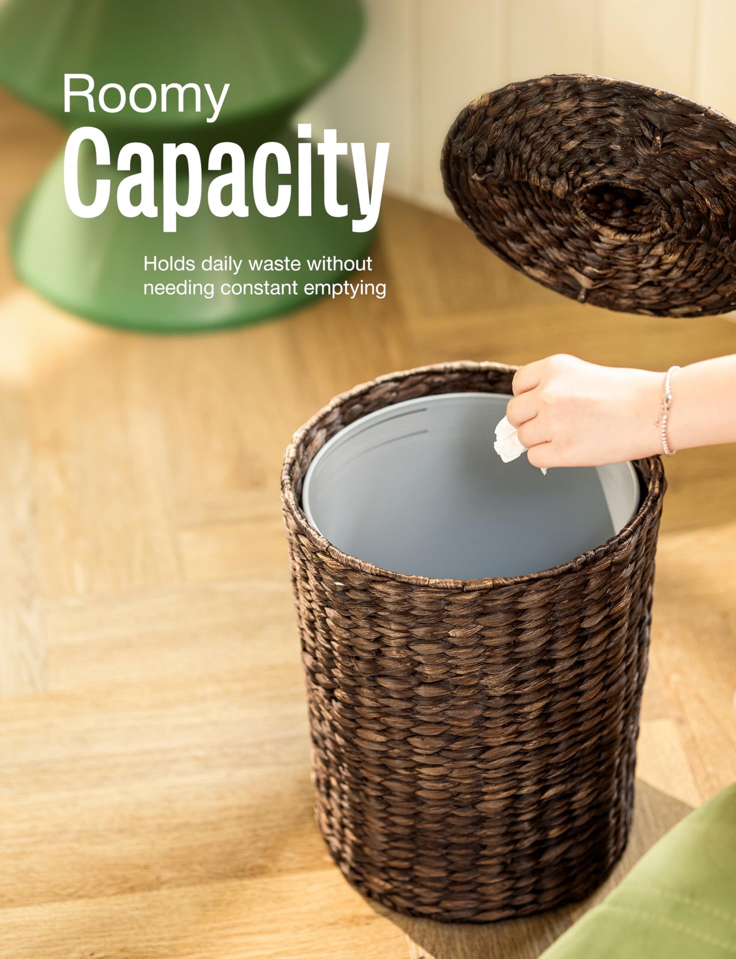 4 Gallons Wicker Waste Basket - Water Hyacinth Bathroom Trash Can - Garbage Can with Lid Boho Style - Wicker Trash Can with Lid for Bedroom, Kitchen - Removable Liner, Handwoven (Black Color)