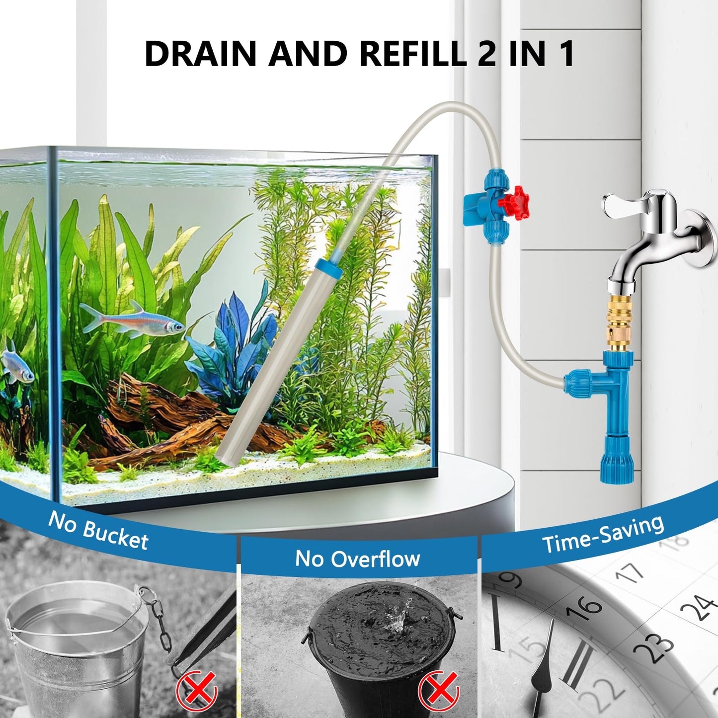 fishkeeper 50FT Aquarium Gravel Vacuum Water Changer - Flow Adjustable Faucet Universal Siphon Quick Pump with 6 Adapters, Bucket-Free Fish Tank Cleaning Tools for Drain & Fill (2025 New)