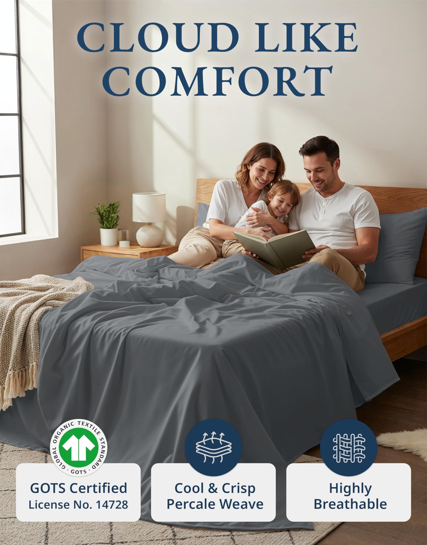 Lane Linen 100% Organic Cotton Queen Sheet Set, 4-Piece Percale Bed Sheets for Queen Bed - Soft, Breathable, Hypoallergenic, Deep Pocket Fits Mattress Up to 15",Hotel Quality Sheets - Charcoal