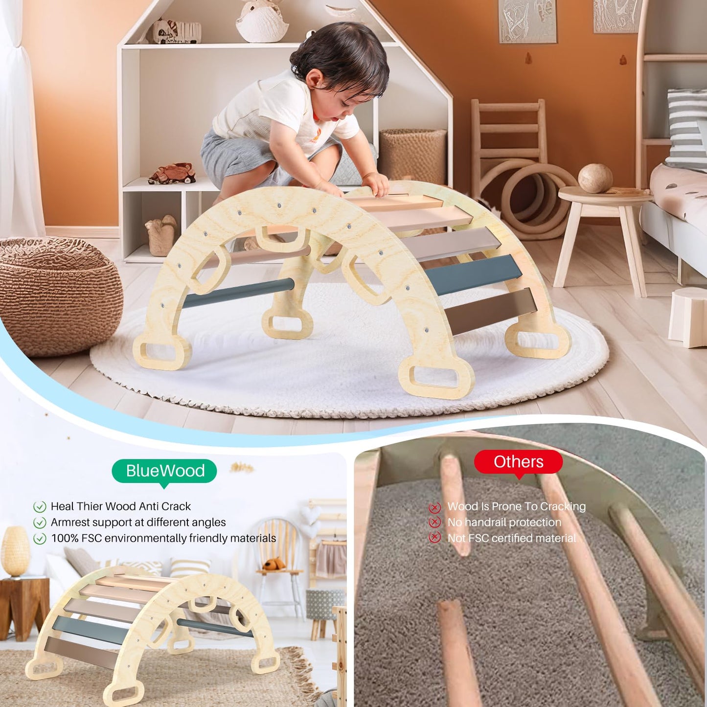 BlueWood Wooden Ladder Arch for Climbing Toddlers Set Waldorf Children Indoor Gym Learning Toys Playset Playground Kids - Mauve Pink