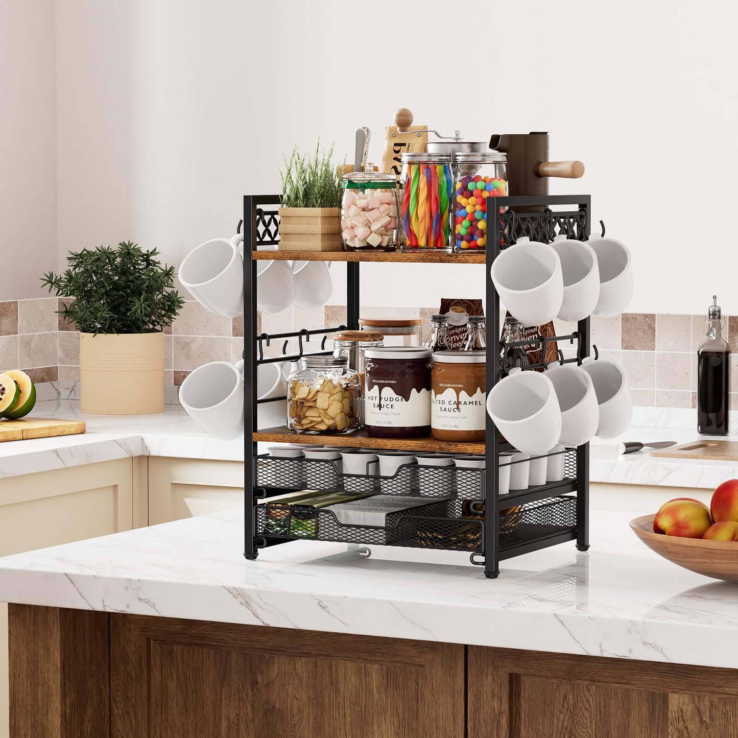 Plaviya Coffee Bar Organizer Countertop Station Shelf, 4 Tier Mug Cup Holder Stand with 12 Hooks, 60 K Cup Coffee Pod Drawer, Multifunctional Coffee Shelf Organizer for Accessories Station Kitchen
