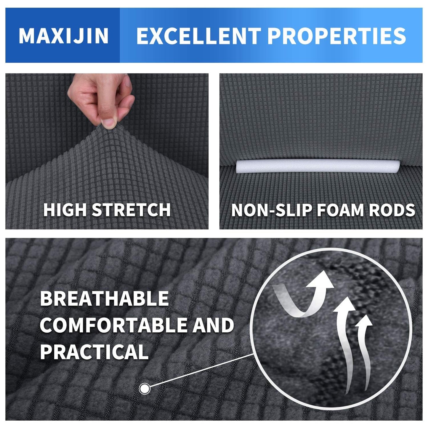 MAXIJIN Super Stretch Couch Cover for 3 Cushion Couch, 1 Piece Universal Sofa Covers Living Room Jacquard Spandex Furniture Protector Dogs Pet Friendly Fitted (Large, Gray)