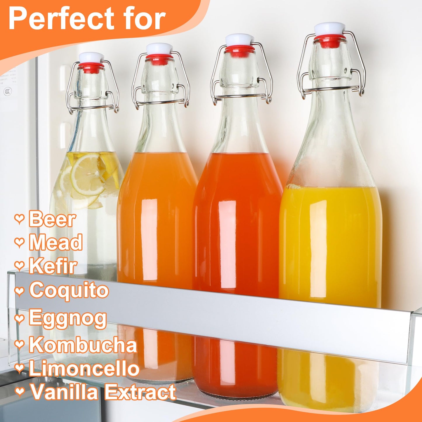 UrSpeedtekLive 6 Pack 1 Liter Swing Top Glass Bottles, 33oz Flip Top Brewing Bottles with Airtight Stopper for Vanilla Extract, Kombucha, Beer, Kefir, Mead