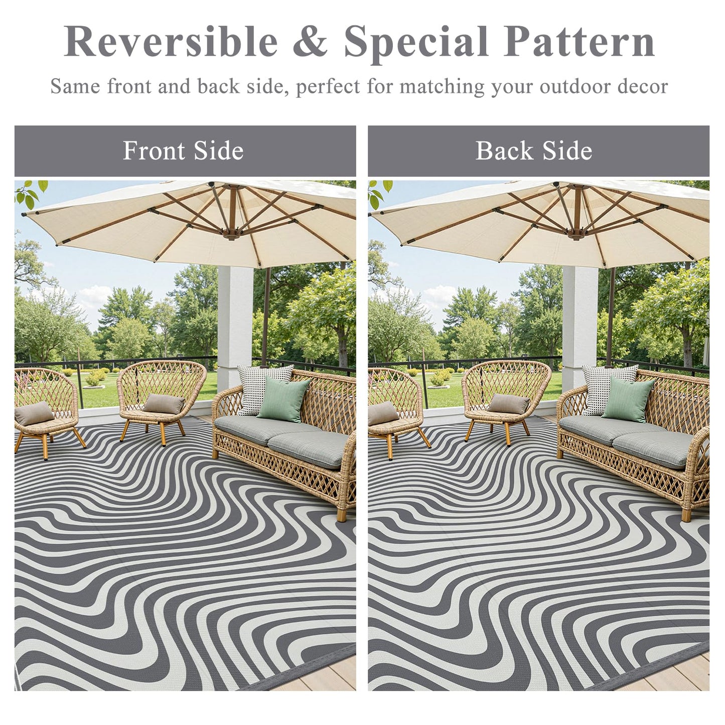 Vaukki Outdoor Patio Rug 8x10, Waterproof Woven Plastic Straw Camping Area Mat, Grey RV Striped Outside Reversible Carpet Clearance for Porch Backyard Deck Balcony