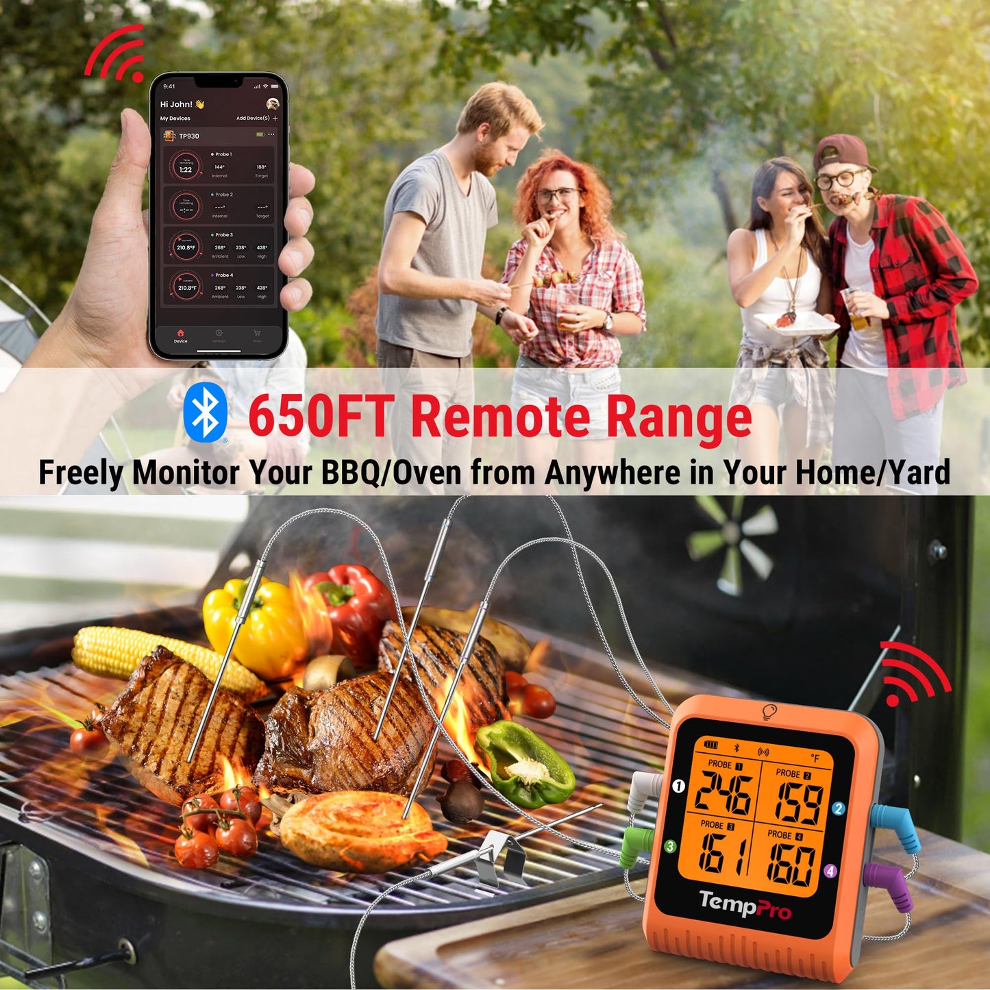 ThermoPro TP930 650FT Wireless Meat Thermometer, Bluetooth Meat Thermometer with 4 Color-Coded Meat Probes, Grill Thermometer with Timer, Smart Meat Thermometer Wireless for BBQ Oven Smoker
