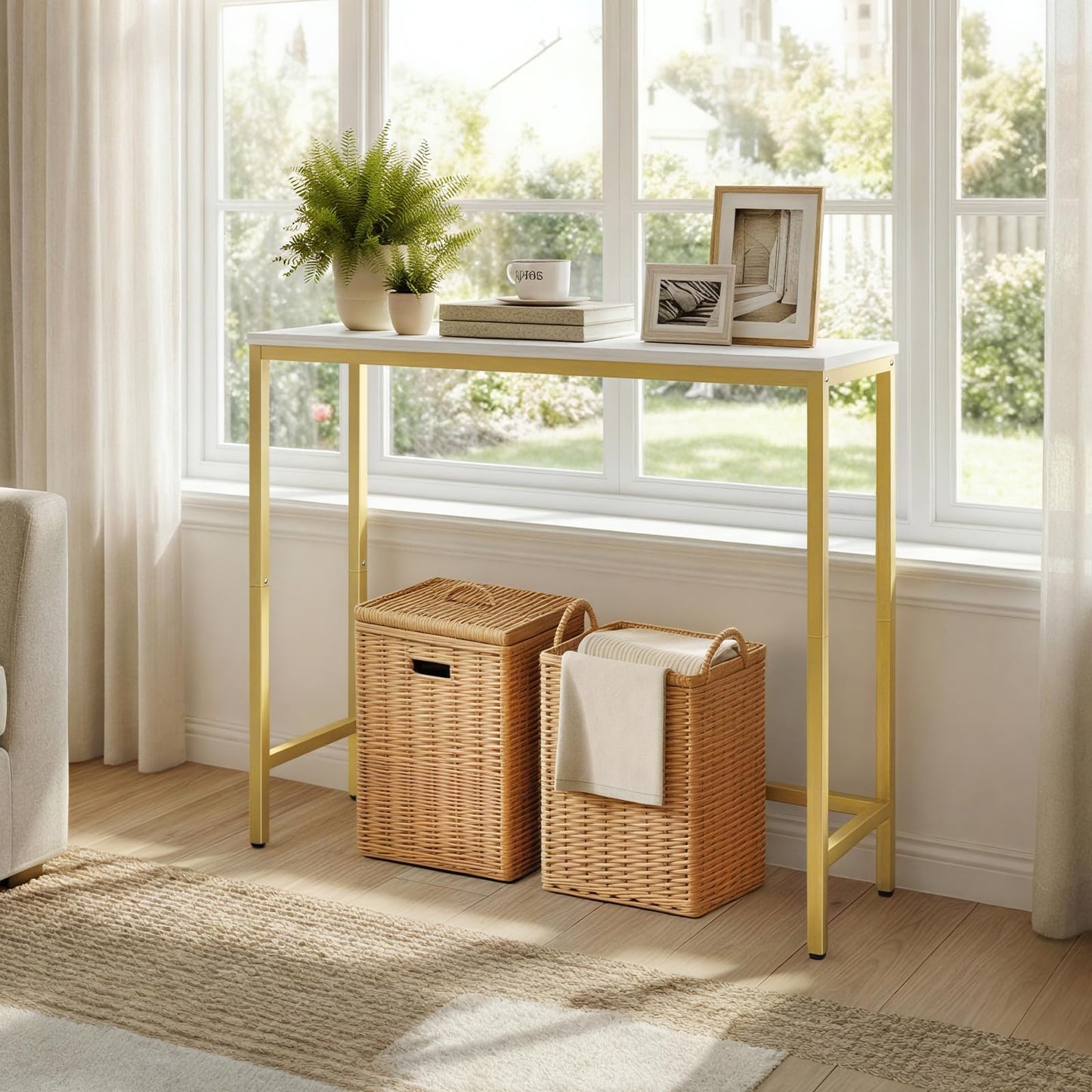HOOBRO Narrow Console Table, 29.5" Small Entryway Table, Thin Sofa Table, Side Table, Display Table, for Hallway, Bedroom, Living Room, Foyer, White and Gold DW75XG01