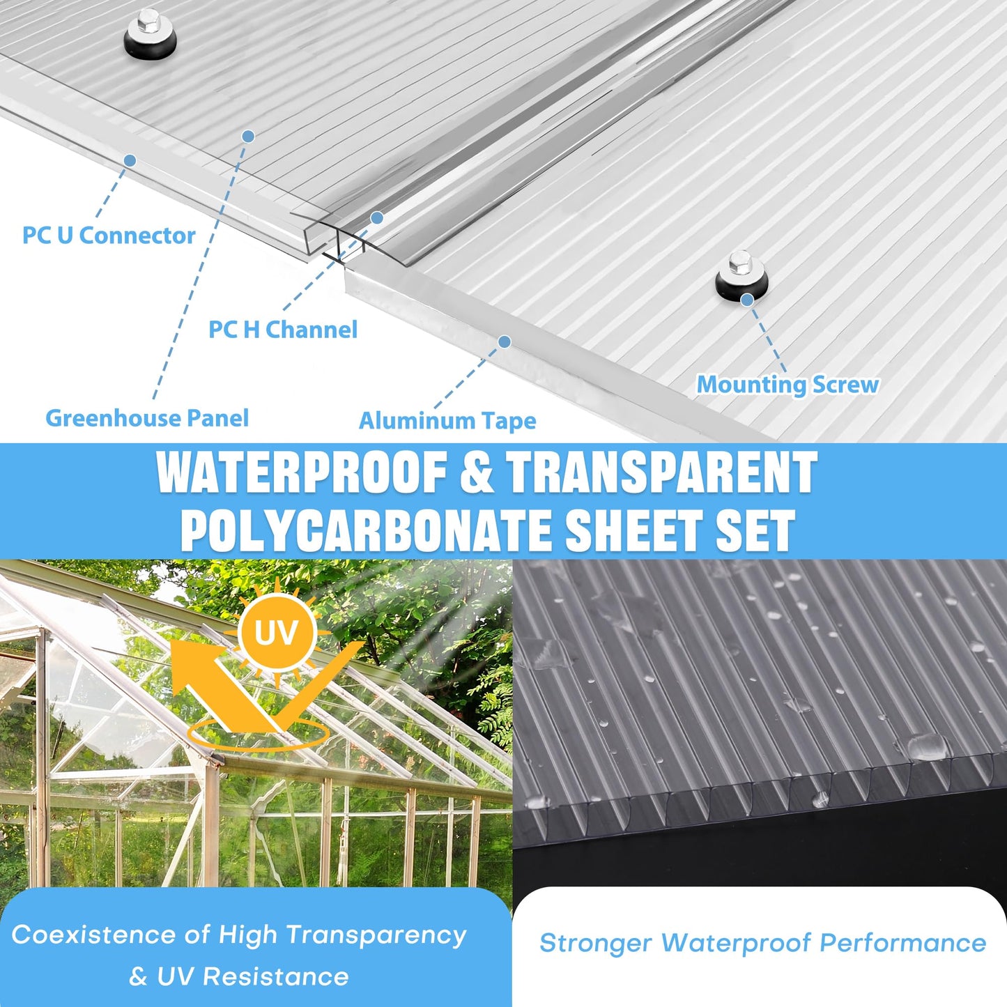 Solaroxy 6pcs Polycarbonate Greenhouse Panels, 4’x2’x0.24’’ Clear Twin-Wall Roof Panels with 18pcs Waterproof Aluminum Foil Tape, UV Protected Plastic Sheet for Greenhouse Roof Outdoor Plant Stand