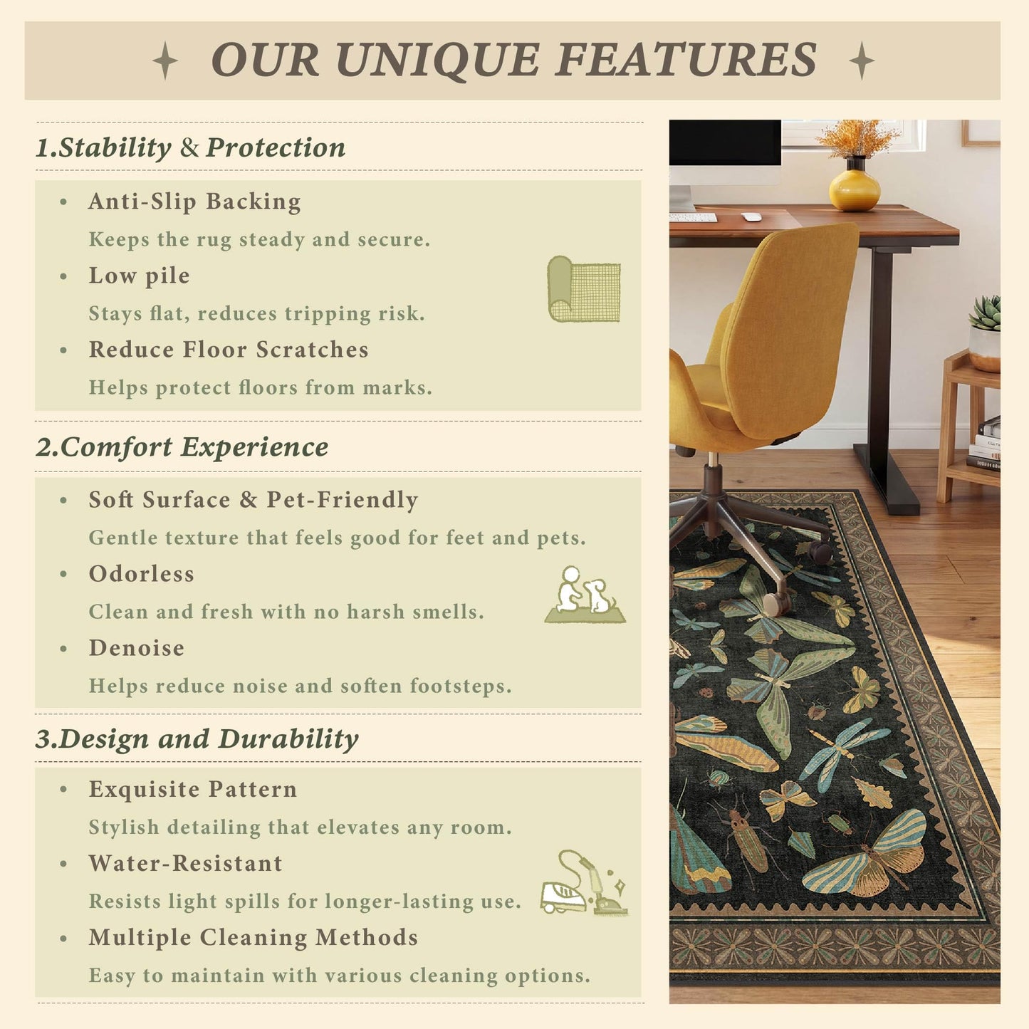 3'x4' Dark Green Office Chair Mat for Computer Gaming Chair, Slip-Resistant Heavy Duty Office Chair Rug, Hardwood & Tile Floor Protector, Washable Ultra Soft Low Pile Bug Rug