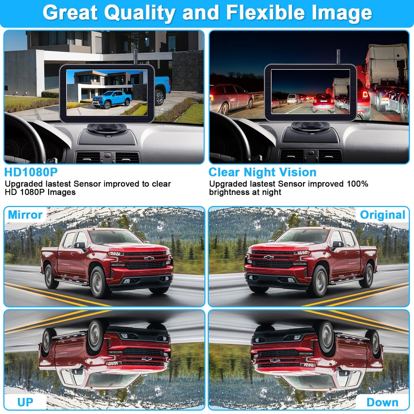 7-Inch Wireless Backup Camera for Truck - 2 Channel, DIY Grid Lines, HD 1080P, Night Vision, IP69K Waterproof, Easy Installation for Trucks, Pickup, Trailer, Cars - Parking Safety & Towing Assistance