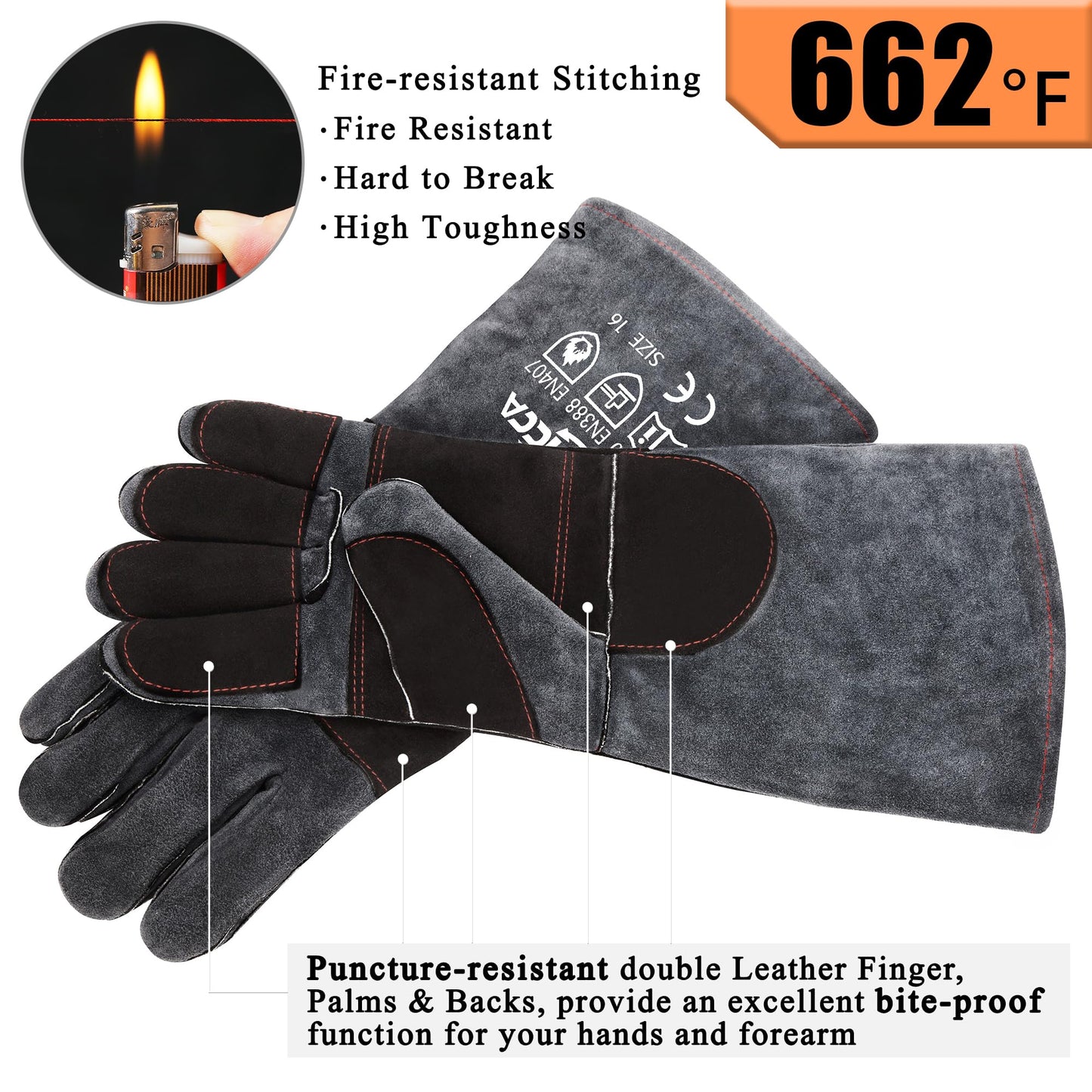 RAPICCA Animal Handling Gloves Bite Proof Reinforced Leather Padding Dog,Cat Scratch,Bird Handling Falcon Gloves Grabbing,Reptile Squirrel Snake Bite 16in Grey-Black