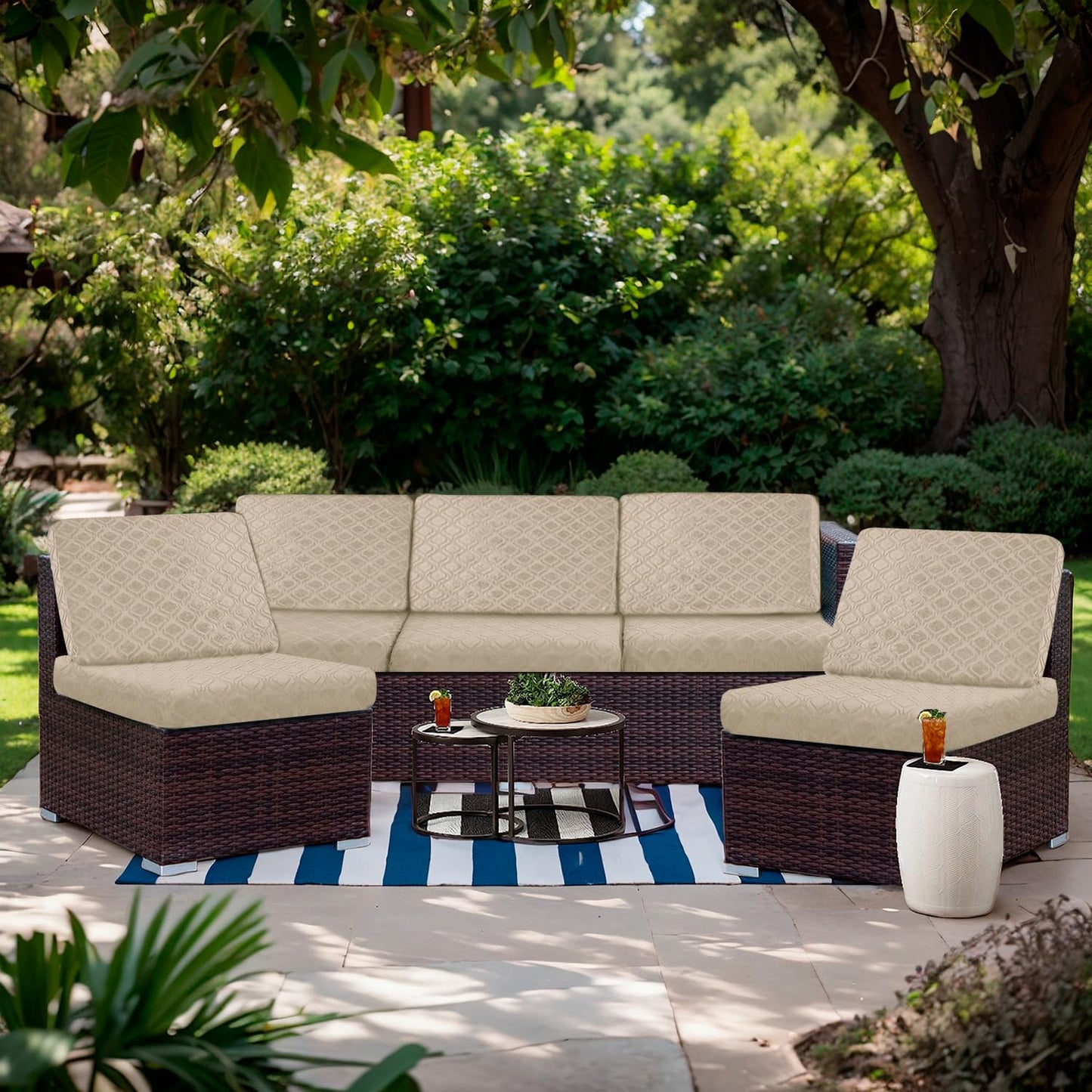 Outdoor Patio Furniture Cover Waterproof Couch Cushion Cover Stretch Jacquard Patio Chair Sofa Cover Individual Cushion Couch Slipcover Furniture Protector (6PCS, Khaki)