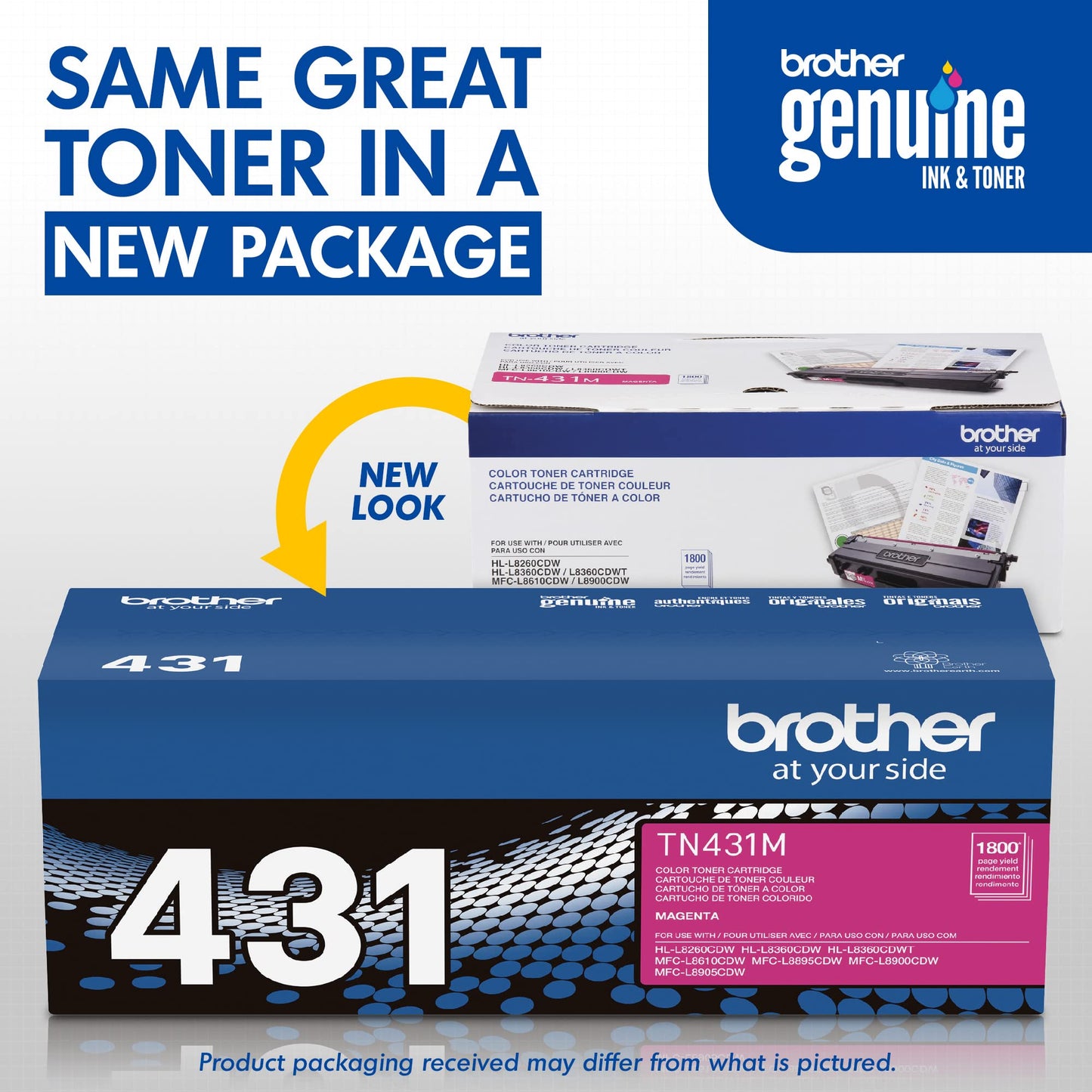Brother original TN431M Standard Yield Magenta Toner Cartridge, original toner replacement cartridges, toner for Brother laser printers HL-L8360CDW, HL-L9310CDW, MFC-L8610CDW, MFC-L8900CDW, and more