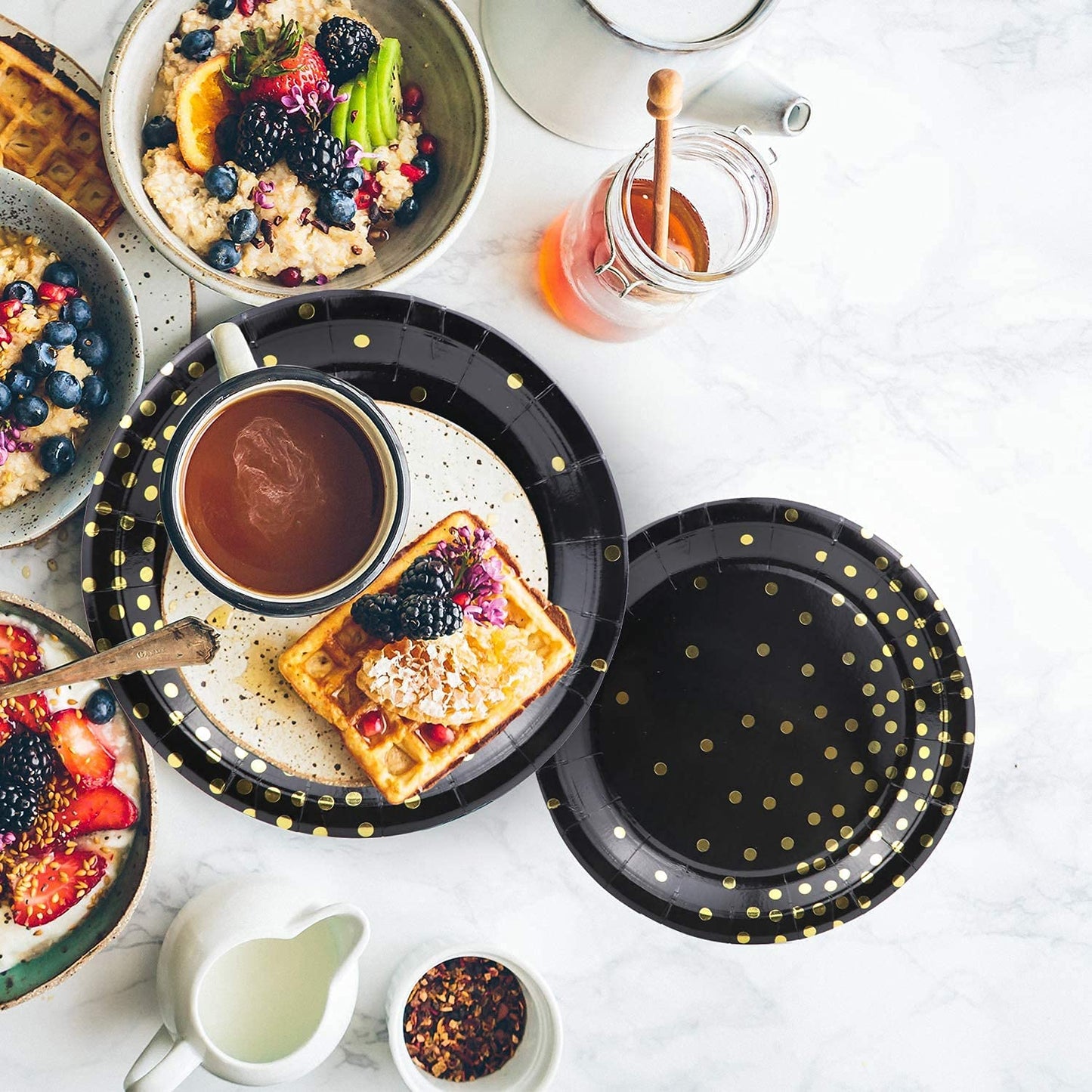 310PCS Party Supplies - Disposable Paper Plates Dinnerware Set Rose Gold Dots 50 Dinner Plates 50 Dessert Plates 50 Cups 50 Napkins 50 Straws 60 Balloons Birthday Party Wedding Holiday (Black and Gold)